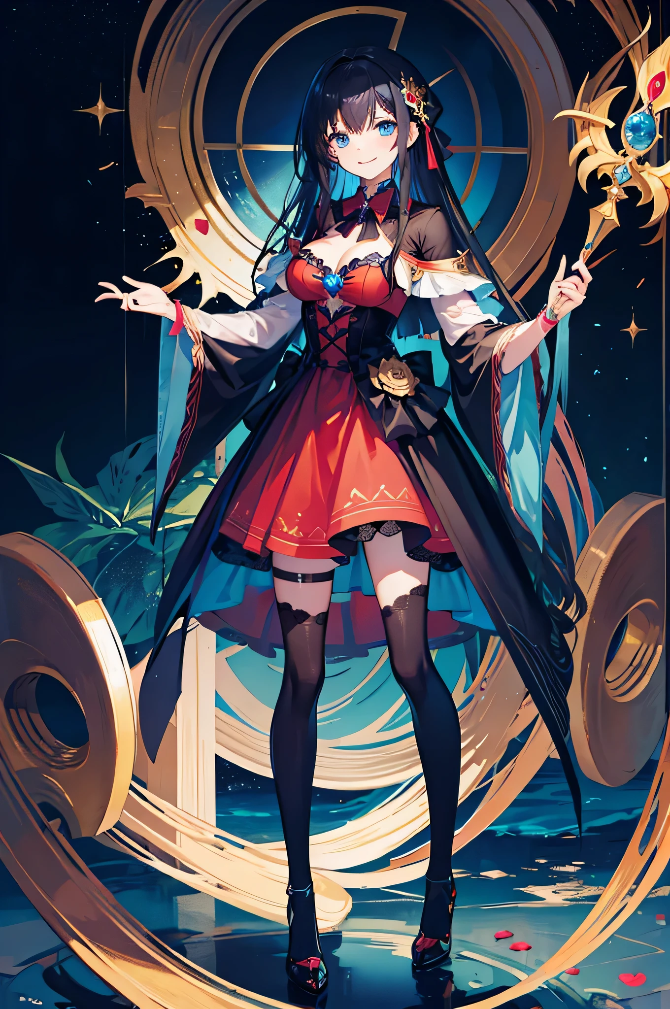 (masutepiece, Best Quality), vhorrified , Full body, Female, Beautiful features, Blue eyes,holy , Big cane, colourfull.(Evil smile),(Blue Fantasy Dress),Black hair,