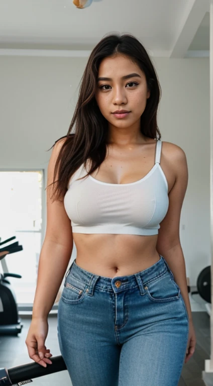 23 year old surreal indonesian girl，with freckles，Instagram Snapchat Underwear Curves in Influencer Mode, culona, sefi, hyper realisitc, Husband and wife, Sexy look, provocation, 浴室, Espejo, iPhone, 8K, Tanga Korta 4k, Comblussa Blanca, and jeans pants, gym room, tight fit clothes