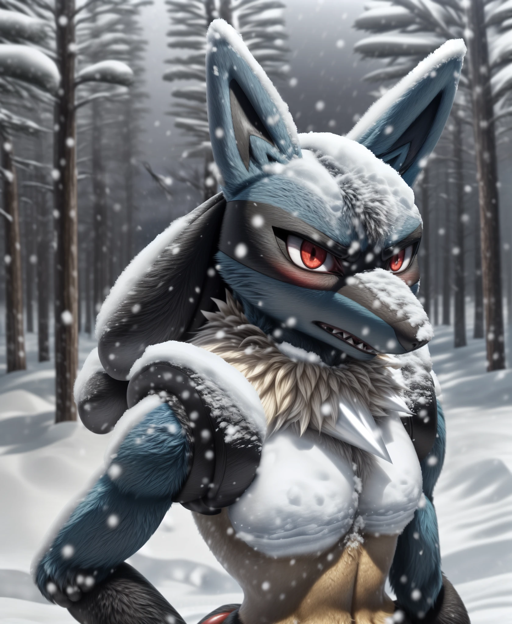 ASCIIAnime style, Real e621, trending on Artstation, uploaded on e621, ultra-realism style, high-angle side shot, solo focus, (very fluffy lucario_(pokemon) with body fluff), (very fluffy lucario_(pokemon) snow-covered, snow on face and ears and fur, snowing, (((covered in fine snow))), (annoyed at viewer), dark night in snowy forest, (paws on hips, slumping head), sharp bright red anime lucario_(pokemon) eyes, annoyed expression, frowning, gritting sharp teeth, glistening sleek snow-covered fur, (((sharp image details))),