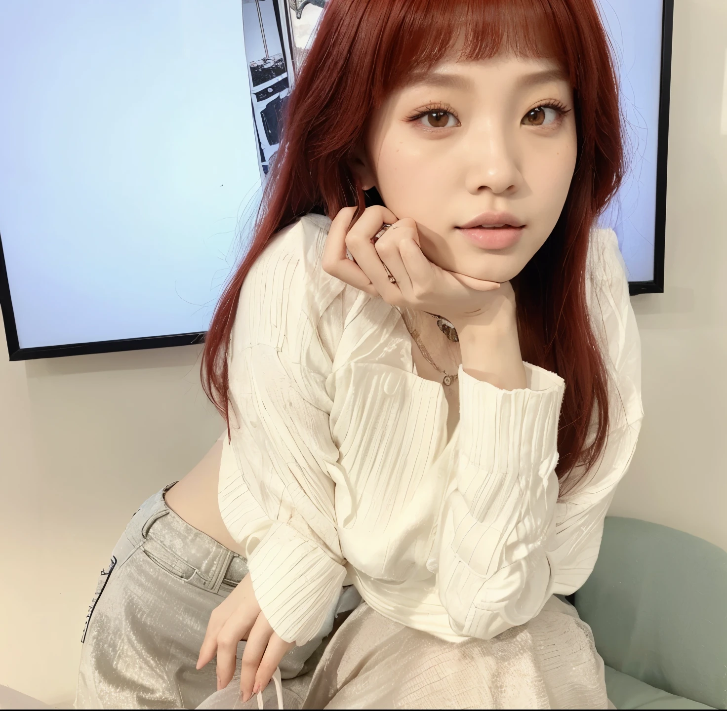there is a girl with a red hair, rose me park of blackpink, jossi of blackpink, blackpink jennie, lal isa manobul, talisa manoban of blackpink, cl, heonhwa choe. with white long hair, jaeyeon nam, the hime cut, portrait of jo sai of blackpink, white hime cut hairstyle