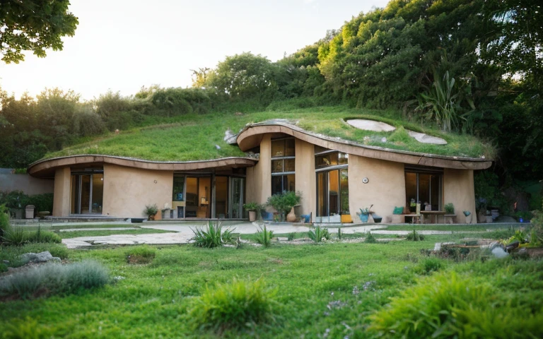 A photograph of a symmetrical contemporary house with (((one hyperbolic paraboloid green roof))) and (((biological pool))) and (((base wall rock foundation))) in a tropical backyard, high roof and long eaves, mustard yellow terracota plaster walls (((rustic clay stucco))), ((corner walls rounded)), ((rustic clay plaster)), (((terracotta walls with rounded corners, organic curves))), (((rustic earth plaster, mud))), (((hyperbolic-shaped green roof with wooden edge))), (((wooden roof structure, wooden rake, wooden fascia board))), eaves, ((roof with wooden structure)), In Bahia (((tropical garden))), ((natural houses, organic buildings, organic architecture)), ecovillage, sustainable architecture, bioconstruction architecture, solarpunk architecture, (((grass roof, green roof, green wave roof, rounded roof, vegetated roofs))), (((rock base foundation wall, foundation height 30cm, stone base wall 30cm high))), ((green architecture)), passive house, clear sky in the background, painful beauty, modern, imposing, green house, ((Bali hobbit Hadid Style)), super resolution, cinematic, color grading, editorial photography, photography, photo shoot, (((dramatic front eye top angle view))), O 50mm, depth of field, intricate details, natural colors, sharp focus, warm light, shutter speed 1/1000, F/22, White Balance, Ray Trace Reflections, Lumen Reflections, Screen Space Reflections, Diffraction Rating, Chromatic Aberration, GB Shift, Partial Lighting, Backlighting, Daylighting, Scan Lines, ambient occlusion, antialiasing, shaders, OpenGL-Shaders, GLSL-Shaders, Post-processing, post-production, shading, tone mapping, incredibly detailed and complex, hypermaximalist, elegant, hyperrealistic, super detailed, dynamic pose, Fujifilm XT