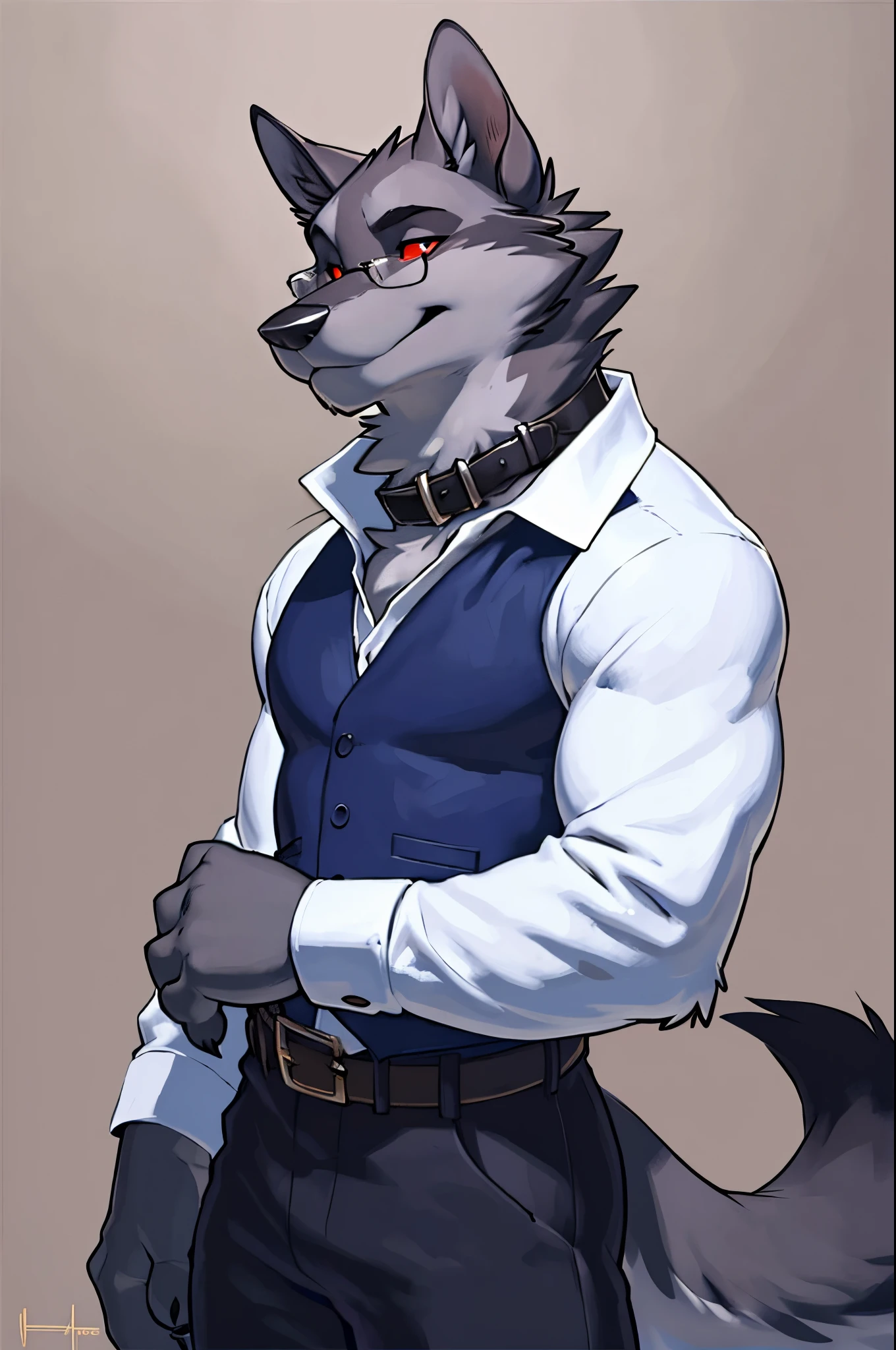 solo:1 vortex:0.8 \(helluva boss\), hellhound, skinny:1, masculine:1.2, black body, grey fur, red sclera, white eyes, male, (correct anatomy):1, solo, bare paws, red eyelids, black pupils, glasses, blue:1 vest, black collar, collared (white shirt):1.4 long sleeves, black pants, belt, (by takemoto arashi, by meesh, by Taran Fiddler)