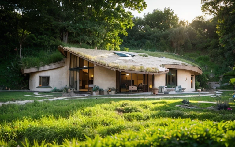 A photograph of a symmetrical contemporary house with (((one hyperbolic paraboloid green roof))) and (((biological pool))) and (((base wall rock foundation))) in a tropical backyard, high roof and long eaves, mustard yellow terracota plaster walls (((rustic clay stucco))), ((corner walls rounded)), ((rustic clay plaster)), (((terracotta walls with rounded corners, organic curves))), (((rustic earth plaster, mud))), (((hyperbolic-shaped green roof with wooden edge))), (((wooden roof structure, wooden rake, wooden fascia board))), eaves, ((roof with wooden structure)), In Bahia (((tropical garden))), ((natural houses, organic buildings, organic architecture)), ecovillage, sustainable architecture, bioconstruction architecture, solarpunk architecture, (((grass roof, green roof, green wave roof, rounded roof, vegetated roofs))), (((rock base foundation wall, foundation height 30cm, stone base wall 30cm high))), ((green architecture)), passive house, clear sky in the background, painful beauty, modern, imposing, green house, ((Bali hobbit Hadid Style)), super resolution, cinematic, color grading, editorial photography, photography, photo shoot, (((dramatic front eye top angle view))), O 50mm, depth of field, intricate details, natural colors, sharp focus, warm light, shutter speed 1/1000, F/22, White Balance, Ray Trace Reflections, Lumen Reflections, Screen Space Reflections, Diffraction Rating, Chromatic Aberration, GB Shift, Partial Lighting, Backlighting, Daylighting, Scan Lines, ambient occlusion, antialiasing, shaders, OpenGL-Shaders, GLSL-Shaders, Post-processing, post-production, shading, tone mapping, incredibly detailed and complex, hypermaximalist, elegant, hyperrealistic, super detailed, dynamic pose, Fujifilm XT