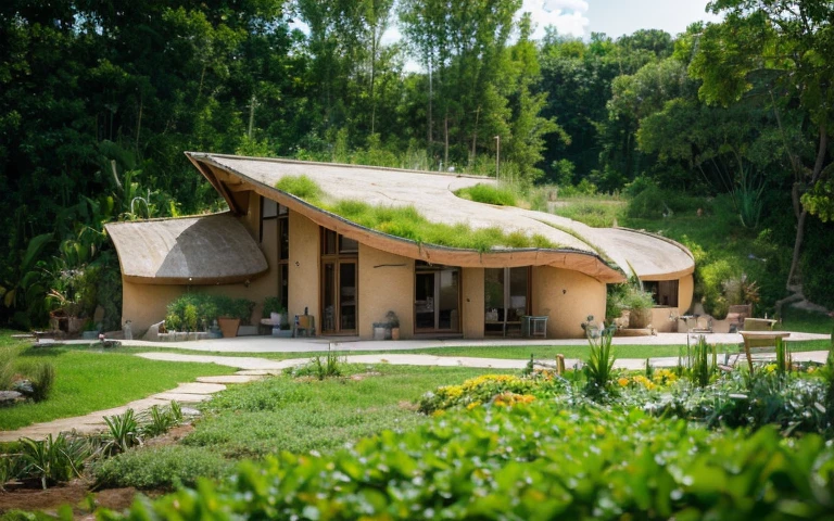 A photograph of a symmetrical contemporary house with (((one hyperbolic paraboloid green roof))) and (((biological pool))) and (((base wall rock foundation))) in a tropical backyard, high roof and long eaves, mustard yellow terracota plaster walls (((rustic clay stucco))), ((corner walls rounded)), ((rustic clay plaster)), (((terracotta walls with rounded corners, organic curves))), (((rustic earth plaster, mud))), (((hyperbolic-shaped green roof with wooden edge))), (((wooden roof structure, wooden rake, wooden fascia board))), eaves, ((roof with wooden structure)), In Bahia (((tropical garden))), ((natural houses, organic buildings, organic architecture)), ecovillage, sustainable architecture, bioconstruction architecture, solarpunk architecture, (((grass roof, green roof, green wave roof, rounded roof, vegetated roofs))), (((rock base foundation wall, foundation height 30cm, stone base wall 30cm high))), ((green architecture)), passive house, clear sky in the background, painful beauty, modern, imposing, green house, ((Bali hobbit Hadid Style)), super resolution, cinematic, color grading, editorial photography, photography, photo shoot, (((dramatic front eye top angle view))), O 50mm, depth of field, intricate details, natural colors, sharp focus, warm light, shutter speed 1/1000, F/22, White Balance, Ray Trace Reflections, Lumen Reflections, Screen Space Reflections, Diffraction Rating, Chromatic Aberration, GB Shift, Partial Lighting, Backlighting, Daylighting, Scan Lines, ambient occlusion, antialiasing, shaders, OpenGL-Shaders, GLSL-Shaders, Post-processing, post-production, shading, tone mapping, incredibly detailed and complex, hypermaximalist, elegant, hyperrealistic, super detailed, dynamic pose, Fujifilm XT