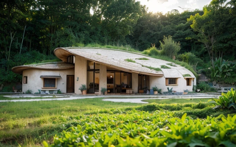 A photograph of a symmetrical contemporary house with (((one hyperbolic paraboloid green roof))) and (((biological pool))) and (((base wall rock foundation))) in a tropical backyard, high roof and long eaves, mustard yellow terracota plaster walls (((rustic clay stucco))), ((corner walls rounded)), ((rustic clay plaster)), (((terracotta walls with rounded corners, organic curves))), (((rustic earth plaster, mud))), (((hyperbolic-shaped green roof with wooden edge))), (((wooden roof structure, wooden rake, wooden fascia board))), eaves, ((roof with wooden structure)), In Bahia (((tropical garden))), ((natural houses, organic buildings, organic architecture)), ecovillage, sustainable architecture, bioconstruction architecture, solarpunk architecture, (((grass roof, green roof, green wave roof, rounded roof, vegetated roofs))), (((rock base foundation wall, foundation height 30cm, stone base wall 30cm high))), ((green architecture)), passive house, clear sky in the background, painful beauty, modern, imposing, green house, ((Bali hobbit Hadid Style)), super resolution, cinematic, color grading, editorial photography, photography, photo shoot, (((dramatic front eye top angle view))), O 50mm, depth of field, intricate details, natural colors, sharp focus, warm light, shutter speed 1/1000, F/22, White Balance, Ray Trace Reflections, Lumen Reflections, Screen Space Reflections, Diffraction Rating, Chromatic Aberration, GB Shift, Partial Lighting, Backlighting, Daylighting, Scan Lines, ambient occlusion, antialiasing, shaders, OpenGL-Shaders, GLSL-Shaders, Post-processing, post-production, shading, tone mapping, incredibly detailed and complex, hypermaximalist, elegant, hyperrealistic, super detailed, dynamic pose, Fujifilm XT