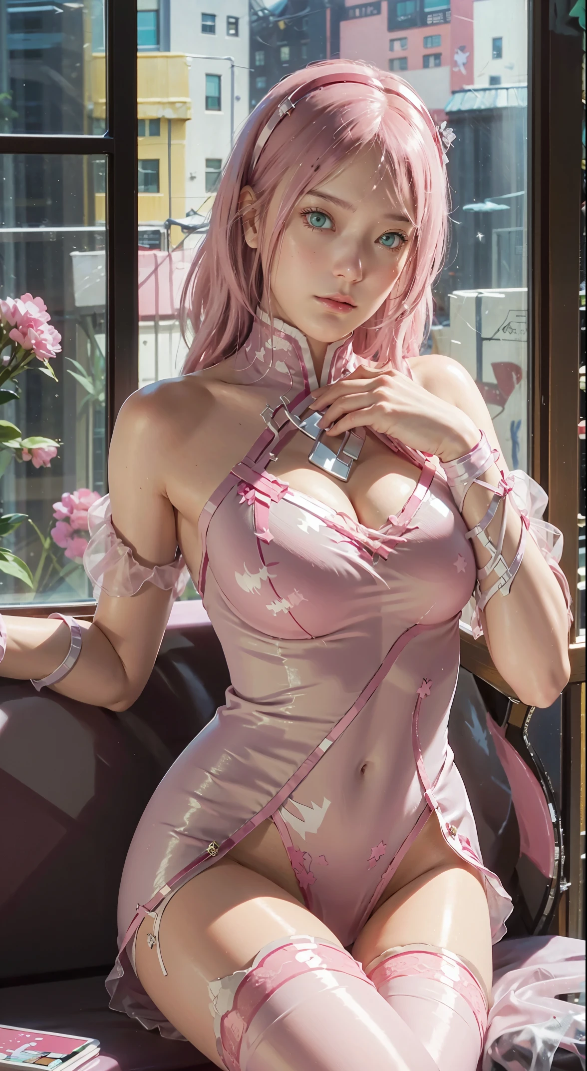 soft lighting, 1girl, solo, sitting, (starry sky, night, city),(pink legwear:1.2),thigh highs,pink garter,(huge_breasts:1.4), cat ears, (subsurface scattering), log hair, pink leotard,highleg leotard, frilled leotard, pink trim,black sofa, messy hair, pink hair, elbow gloves, transparent clothing, window, bookshelf, lace neck garter,white bows,pink ribbons