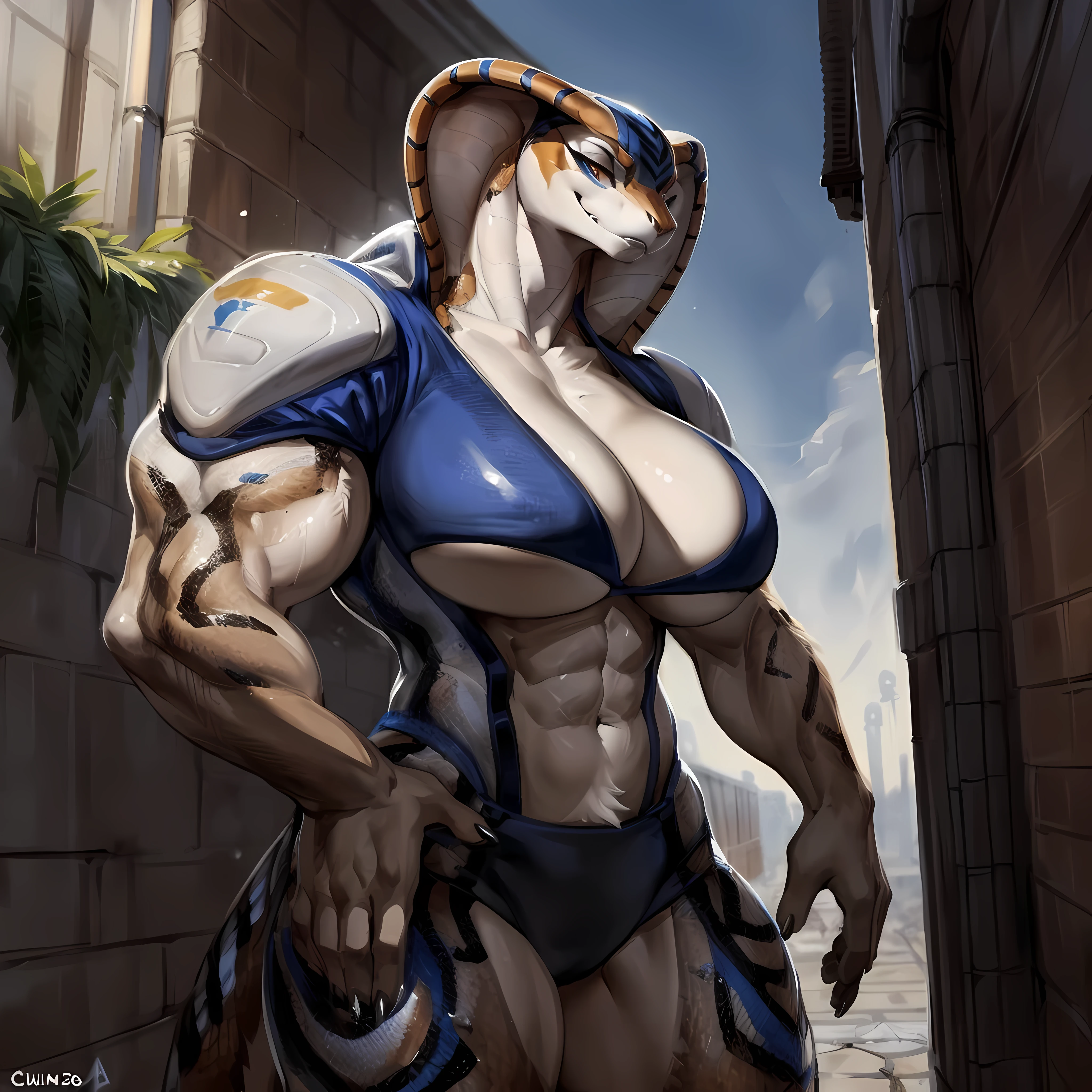 By bebebebebe, by buta99, by chunie, by sonsasu, by danza, solo, 1girl, female, muscular, giant, massive, enormous, gigantic, buff, biceps, smirking, hair, cobra, snake, brown fur, white spots, white chest fur, clothed, alleyway, plants, dramatic lighting, big breasts, blue military spacesuit