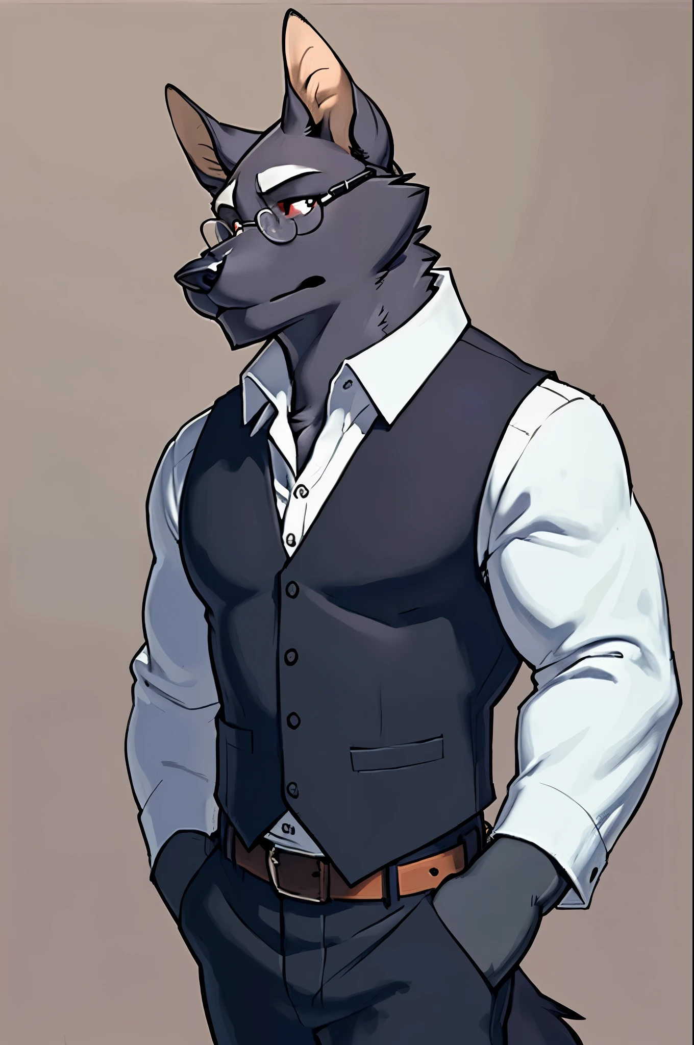 solo:1 vortex:0.8 \(helluva boss\), hellhound, skinny:1, masculine:1.2, black body, grey fur, red sclera, white eyes, male, (correct anatomy):1, solo, bare paws, red eyelids, black pupils, glasses, blue:1 vest, black collar, collared (white shirt):1.4 long sleeves, black pants, belt, (by takemoto arashi, by meesh, by Taran Fiddler)