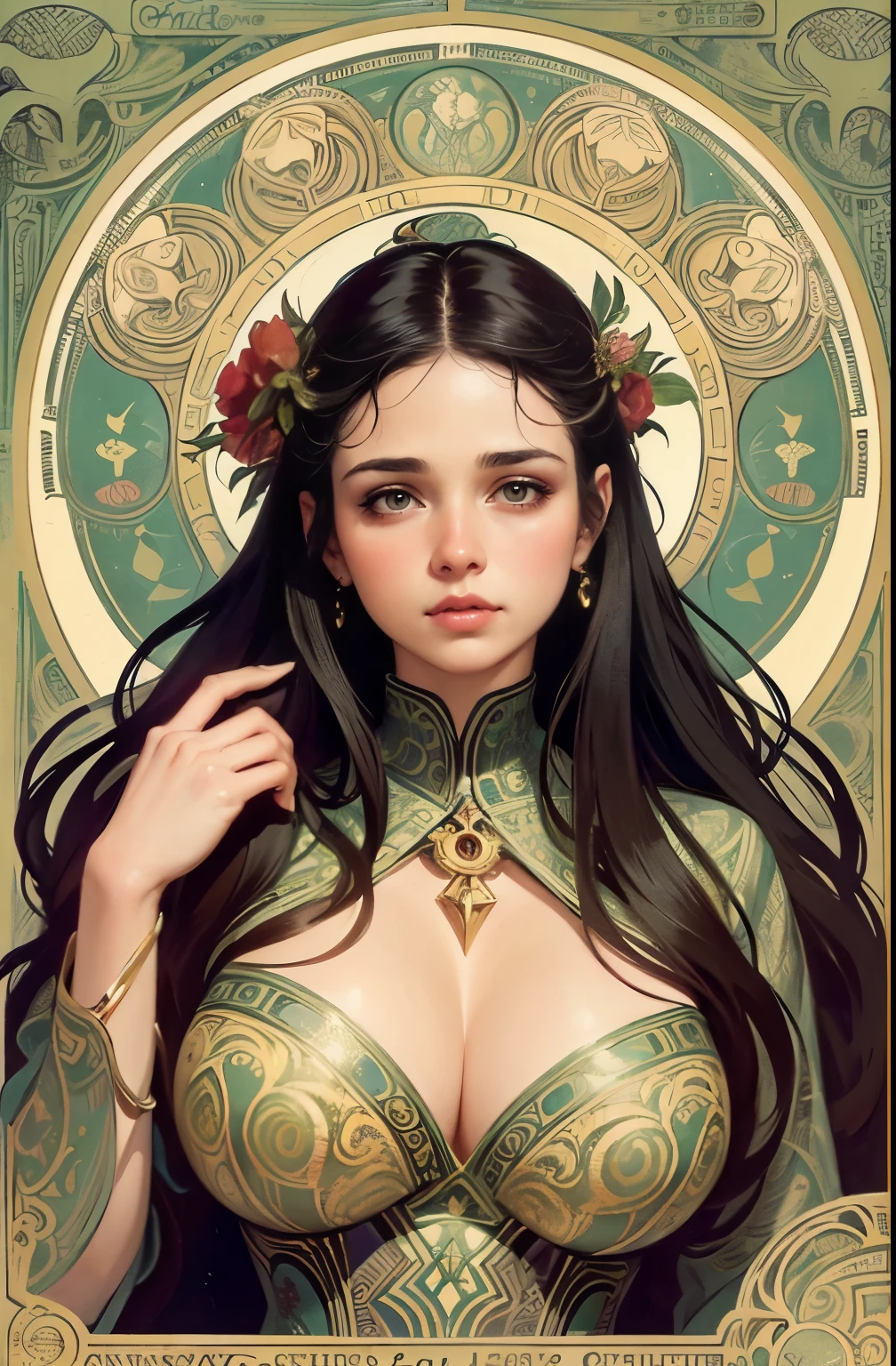 ((masterpiece)), (best quality), (cinematic),  art nouveau style, Goddess of Mars , large breasts, big eyes, long thick eyelashes, cleavage, full lips, dark, long thick hair,  high ponytail, accessories, flower_background, featuring intricate designs and patterns in the style of Alphonse Mucha.(in style of Greg Rutkowski:1.6)