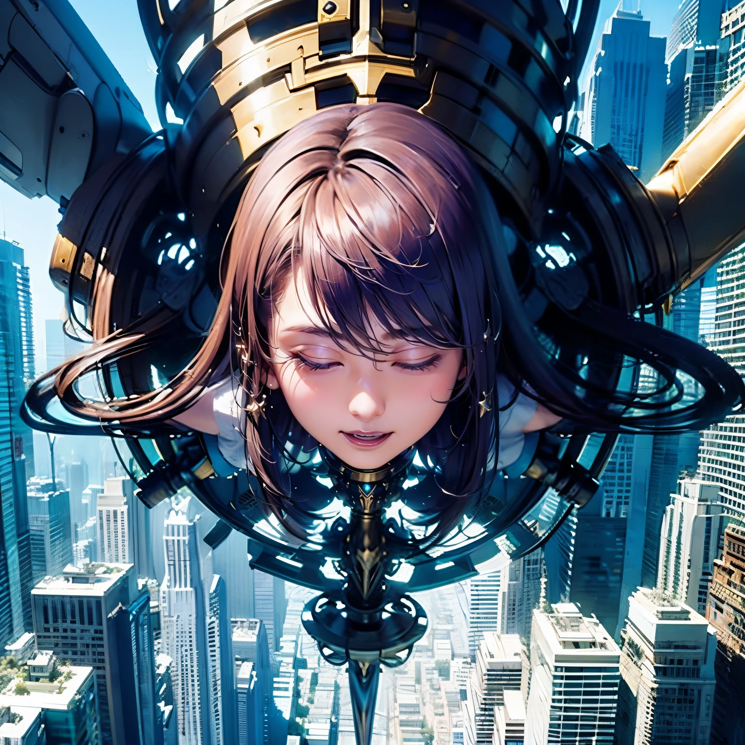 high-definition images, atmospheric perspective, 8k, super detail, accurate, best quality, looking away, angle from below, ((huge god's weapon has from female face outline relief embedded, mechanical, complex body, the face reaches an orgasm when it fires a thick beam directly below weapon and destroys the ground)), drooping eyes, blush, ((sleepy)), open mouth,