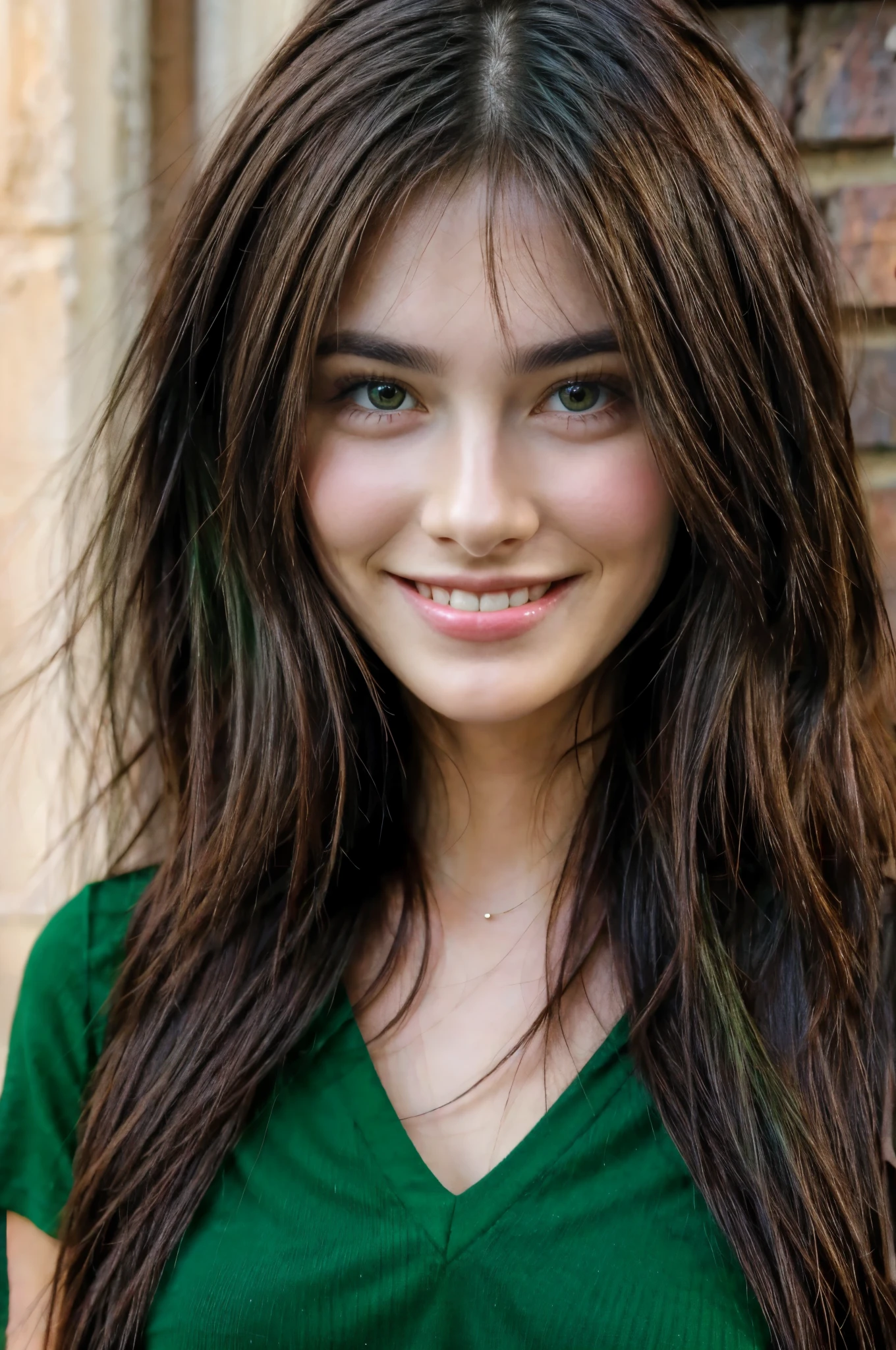 Beautiful brunette smiling, green eyes, long hair, front face