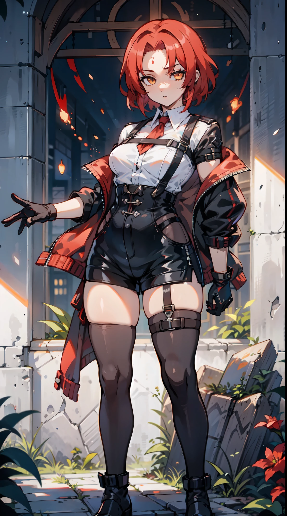 ((best quality)), ((Masterpiece)), (details), 1 girl, SWAT uniform, Curtain bangs, red hair, short skirt, , city background, night, angry