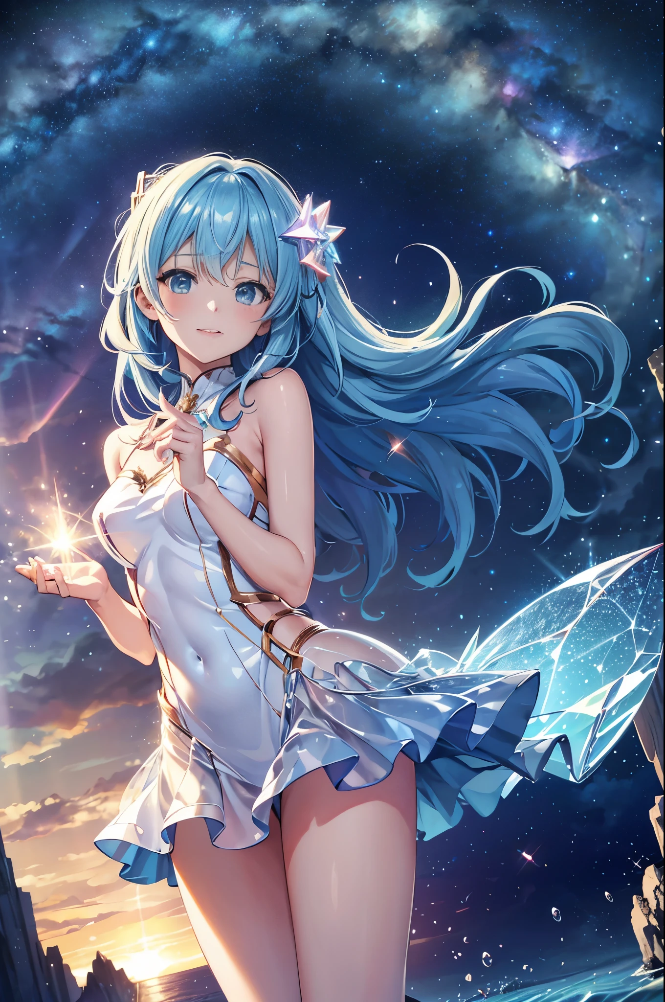 {{{masutepiece}}}, {{best qualtiy, An ultra-fine illustrations, beautifulanddelicatewater}}, {{very delicate light}}, {{Nature, Painting}}, {{Fine Lighting, More transparent stars, Very fine 8K PCG wallpaper}}, (plateau), Sunrise, randomly distributed clouds, cliff, ((Rotating starry sky)), Beautiful girl with long light blue hair with luminous particles、Twin-tailed、adorable smiling、facing front、Super Gloss Metallic Coral Rainbow Transparent Holographic Suit:1.2),