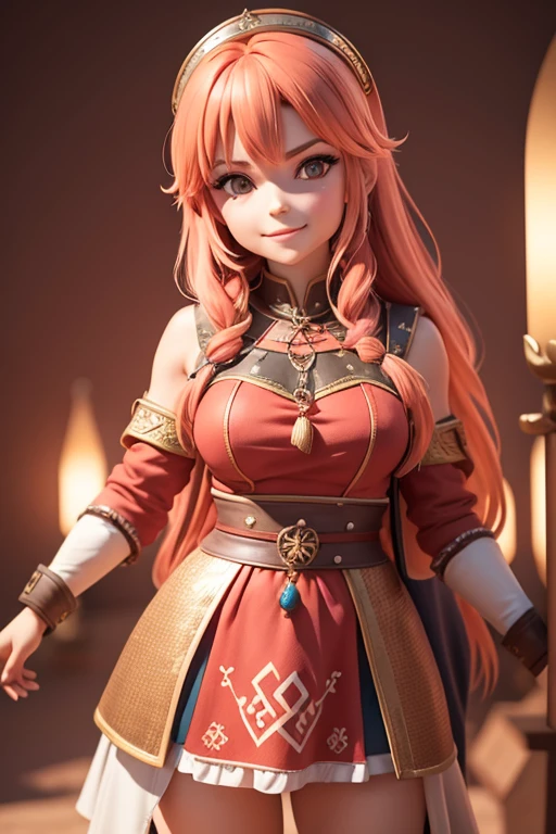 Beautiful female head viking, pelo rojo, disfraz de guerrera vikinga, en globo de nieve, sonrisa suave, Lindo retrato de cuerpo entero, figura esbelta de pie, Personaje de dibujos animados, personaje de pixar, medieval, Renderizado 3D, symatic lighting, Trazado de rayos. Rojo crujiente, luz radiante, bosque misteriosa, (la mejor calidad, 8k, high resolusion, tmasterpiece:1.2), caprichoso.
