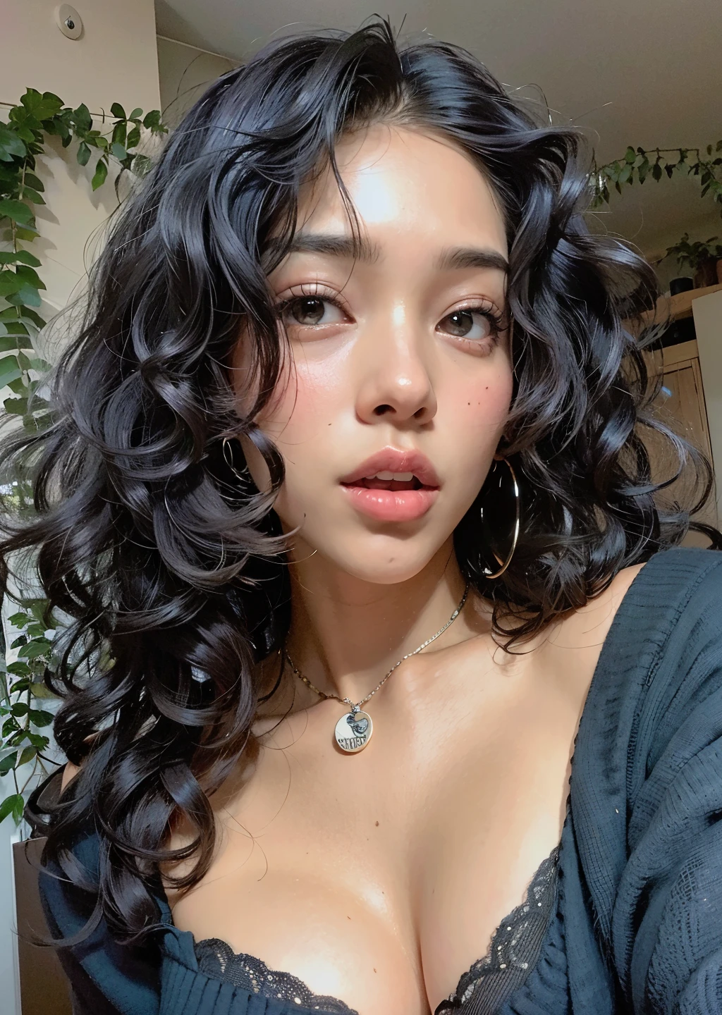 there is a woman with a very large breast posing for a picture, encaracolado middle part haircut, black encaracolado hair, encaracolado haired, black long encaracolado hair, long black encaracolado hair, encaracolado, encaracolado dark hair, Tessa Thompson inspirada, encaracolado hair, long wild black encaracolado hair, seu rosto emoldurado com cachos, encaracolado black hair, with long encaracolado hair, with long encaracolado