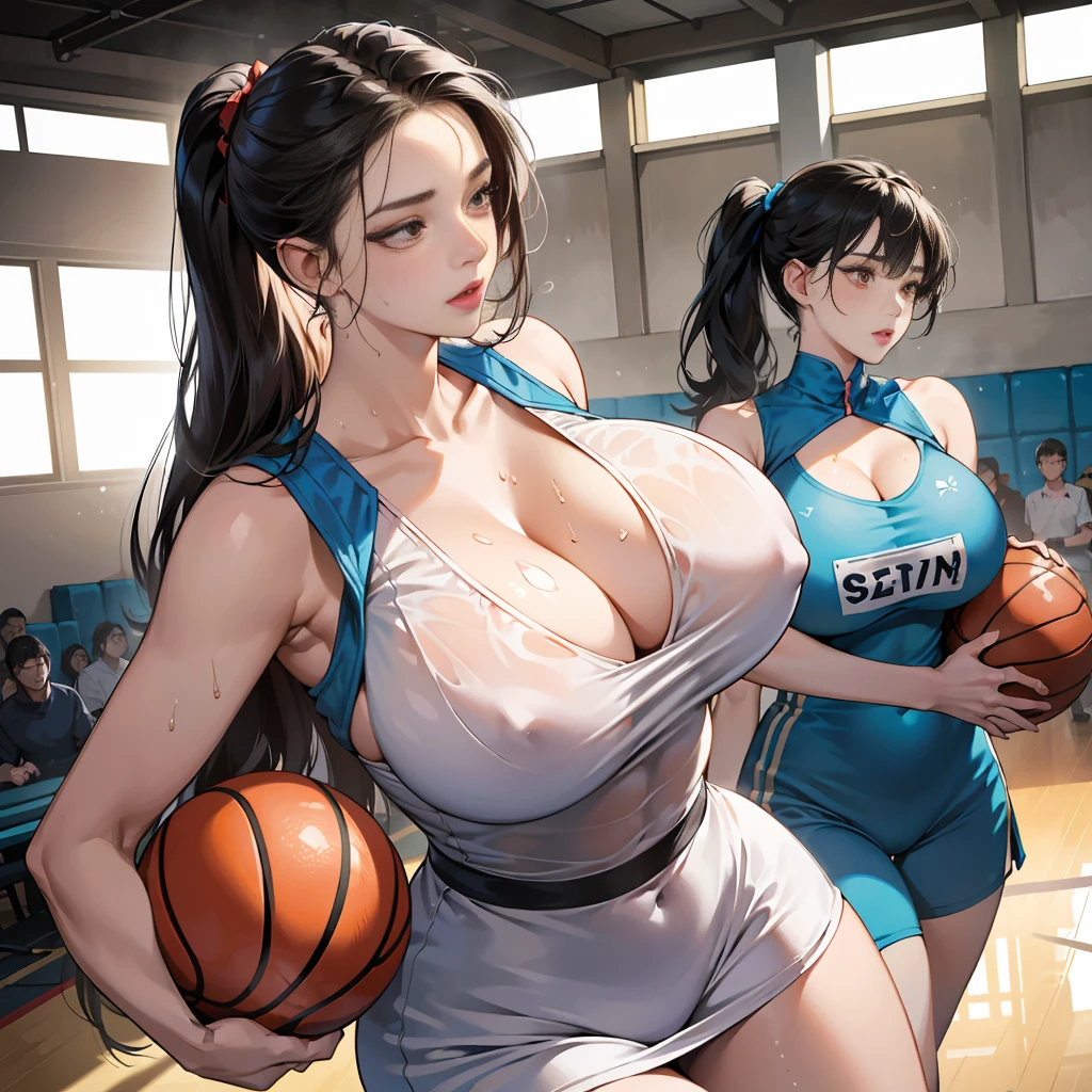 （Mesh tube top dress），tmasterpiece:1.2, Best quality at best, actual, (Real pictures, Complicated details, depth of fields), (1个Giant Breast Girll, Alone), cosmetics, Open lips, The is very detailed, s the perfect face, (humongous large breast:1.8), (skin indentation), Thigh thick, Wide hips, Small waist, tall, glossy The corals lips, brunette color hair, red eyes, horse tailed辫, Three girls playing basketball, White basketball suit), (Covered in sweat:1.2), (Wet with), sexy for, Be red in the face, （humongous large breast：1.8），see through shirt：1.2），（Cardigan）gorgeous chinese modeleautiful Asian girl tmasterpiece: 1.2, Best quality at best), actual, (Real pictures, rich detail details, depth of fields), (1个Giant Breast Girl, Alone), ssmile，exquisite facial features，是s the perfect face，cosmetics, high detal, Perfect face shape, (: 1.4), (Dentate skin ), thick tight, Wide hips,  thin waist, tall guy, The corals, Redlip, red eyes的, horse tailed，(((（Girl playing basketball, Transparent blue basketball suit)))）, (Sweaty legs: 1.2), (moisture), Raised sexy, The face is red，sweaty,(humongous large breast:1.6),avas，Deep V top，Multiplayer people play basketball