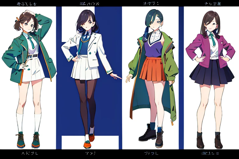 (((Best Quality))) , ((full body)), female, multiple views, white background, variety of hairstyles, seductive pose, cropped jacket, skirt, blue, orange, green, violet, brown, white,