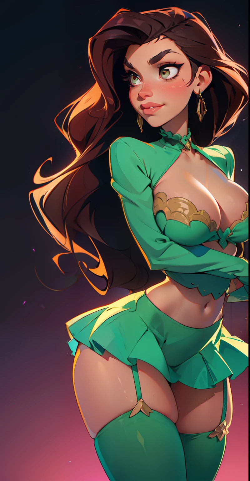 1femme, wavy brown hair, yeux , visage sournois , smirk , nue ,Seins serrés l'un contre l'autre , ventre, gros seins, elongated legs , tiens-toi sur tes hanches..., Delicate and sexy (clavicule:1.3),Nuit, wet (en sueur, drenched),high resolucion,Masterpiece,perfect lighting,fleurir,lighting cinematic,,Female,Regarder le spectateur,belle parfaite ,porte-jarretelles,garter straps,lingerie noire,Frilly skirt,cuisses,cheveux longs,cheveux noirs,very long hair,affaissement des seins, grosse poitrine,Collapsed