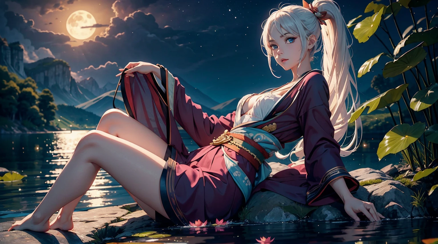 1 girl sitting at lotus lake, high ponytail, white wavy hair, blue eyes, majestic eye, double eyelashes, laughing, joyful, wearing short kimono, maroon and peach colour kimono, clevage, small waist, clevage, sitting on the rock, feet inside lake, perfect posture, looking at camera, lake full of lotus, fireflies, night clouds, natural moonlight, detailed eyes, detailed skin, top angel, dramatic light, full length, masterpiece, 8k, High rise,