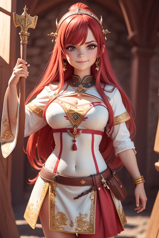 Beautiful female head viking, pelo rojo, disfraz de guerrera vikinga, en globo de nieve, sonrisa suave, Lindo retrato de cuerpo entero, figura esbelta de pie, Personaje de dibujos animados, personaje de pixar, medieval, Renderizado 3D, symatic lighting, Trazado de rayos. Rojo crujiente, luz radiante, bosque misteriosa, (la mejor calidad, 8k, high resolusion, tmasterpiece:1.2), caprichoso.