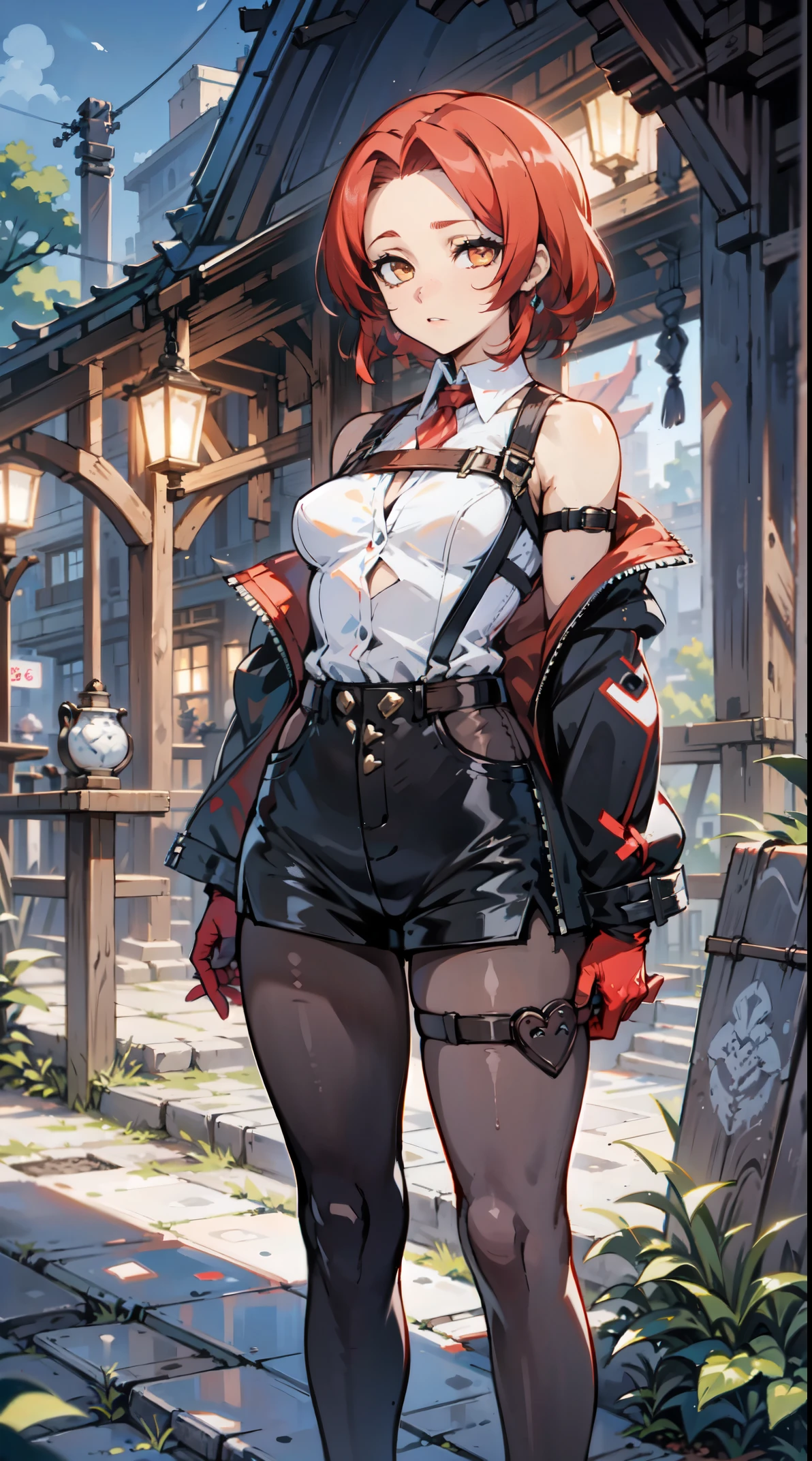 1girl, young woman, solo, short hair, Small hair, (forehead:1.2), yellow eyes, (scarlet red hair), Athletic, muscular, medium breasts, (cropped jacket, black jacket), white shirt, collared shirt, (chest harness, shoulder strap:1.15), black leather shorts, pantyhose 7/8, garter belt, gloves, elegant, looking at viewer, standing, night, masterpiece, best quality, 4k