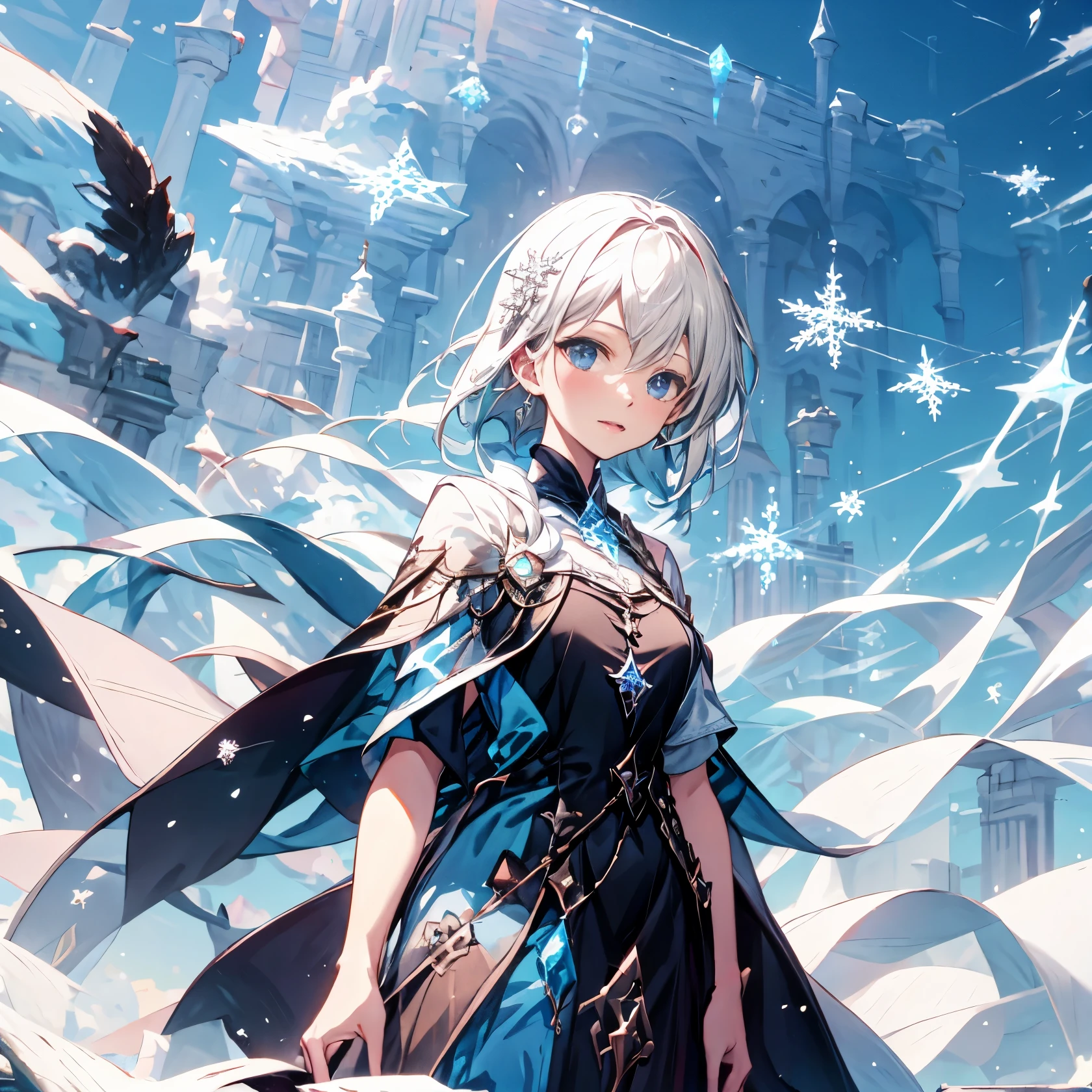 Highest image quality、clear picture quality、1人の女性、Ice World、Frozen trees、Glorious castle、Ice magic、scattered pieces of ice、Snowflake、Frozen buildings、snow field