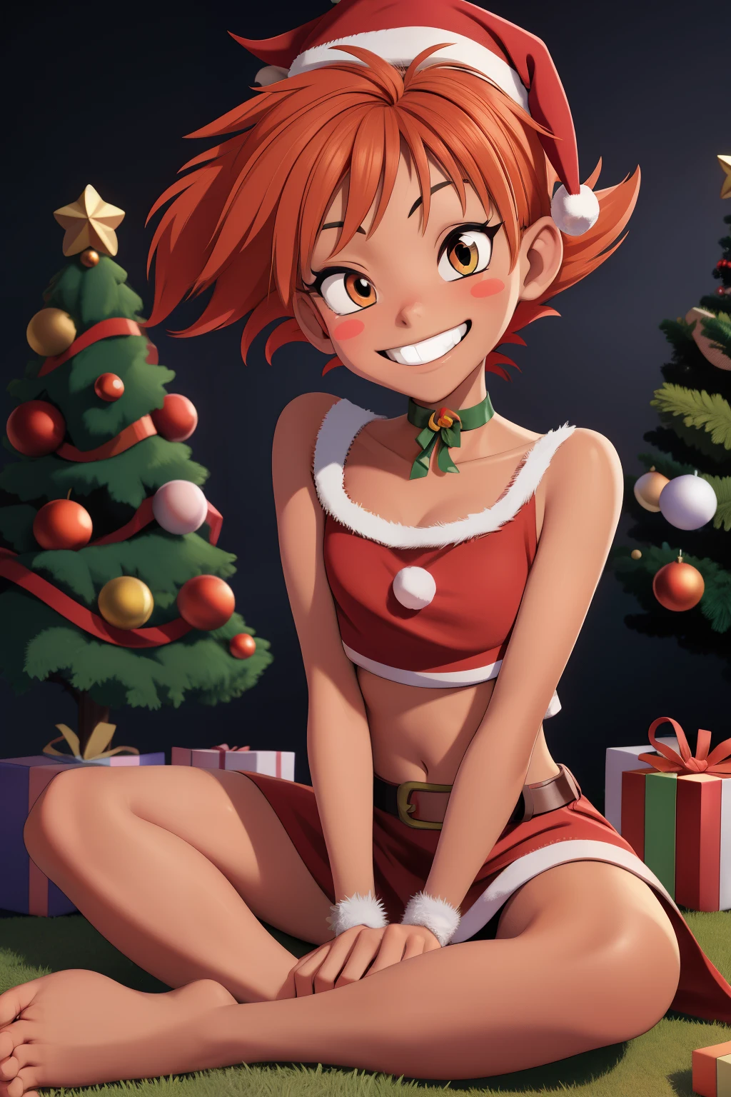 1girl, masterpiece, (detailed background), best quality, absurdres, eyelashes, eyeshadow, orange hair, tiny breasts, sitting on floor, on her knees, edward, Christmas tree in background, solo, short hair, smile, barefoot, dark copper-skinned female, blush stickers, tomboy, looking at viewer, grin, Santa hat on head, midriff, dark red walls