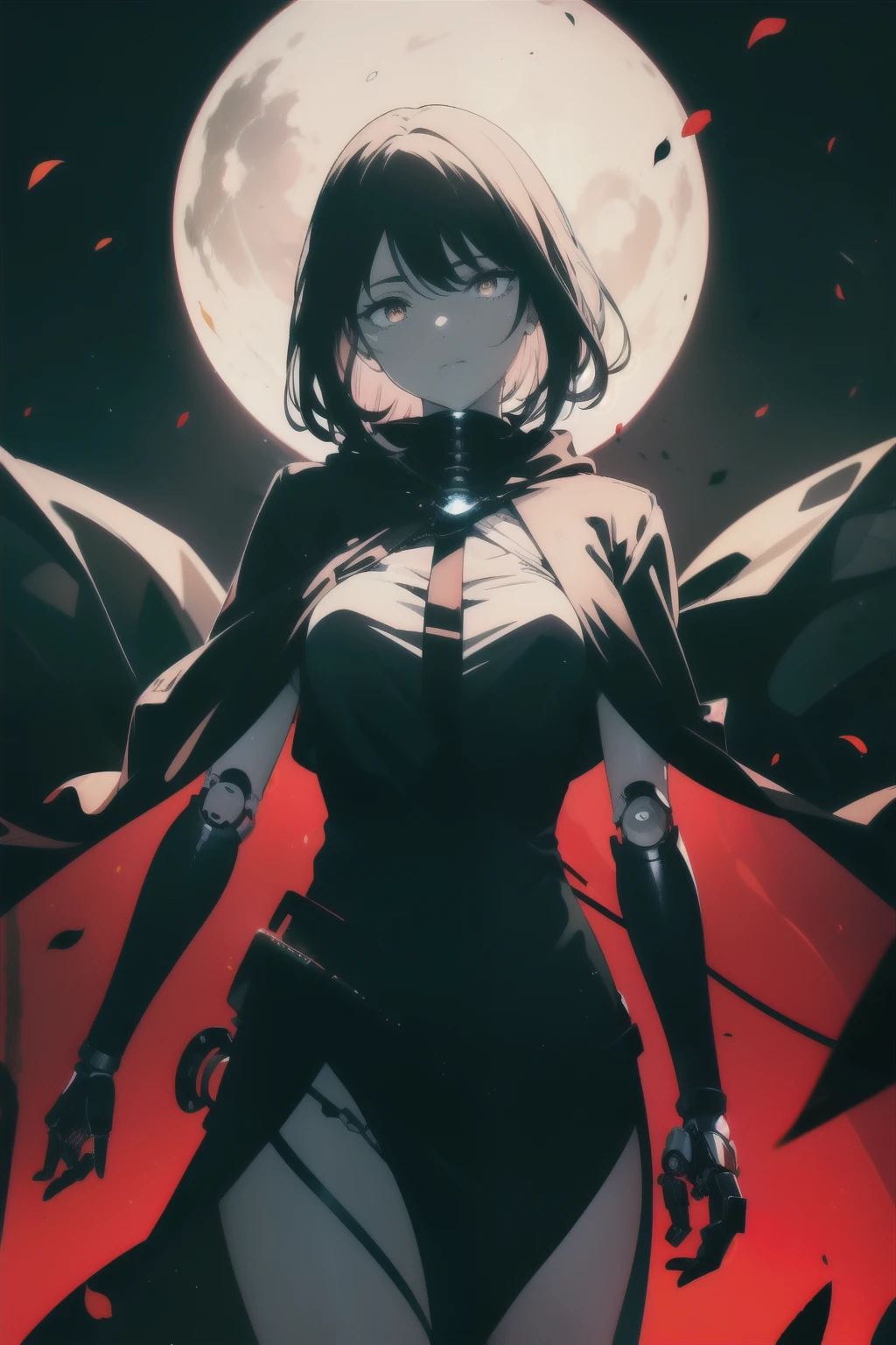 ((((Obra maestra, La mejor calidad, ultrahigh resolution)))), 1girl, happy, standing, (((terminator, wearing cloak, mechanical elbows, mechanical joints:1.2, segmented arms:1.5))), (((mechanical parts))), (black hair, dark black hair over eye:1), long hair cut, pale skin, ((brown eyes)), ((glowing_eyes)), (((ultra detailed eyes:0.7, beautiful and detailed face, detailed eyes:0.9))), ((centered)), (wide shot), facing viewer, (((outdoors, darkness, falling leaves:0.9))), medium breasts, looking at viewer, ((half closed eyes)), ((perfect hands)), (((head:1, arms, hips in view, elbows, thighs, in view))), ((hands at sides)), lively eyes, beautiful lighting, outside, outdoors, background, ((defined subject)), 25 years old, (head tilt), (((cool))), ((lively)), (((high contrast)))