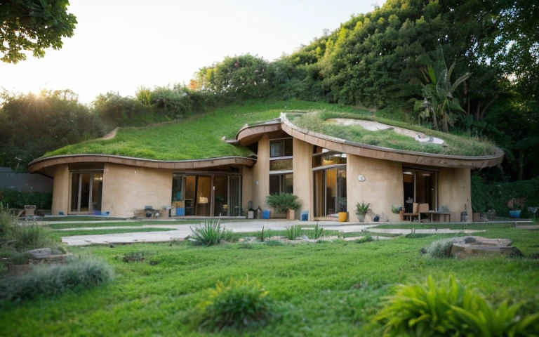 A photograph of a symmetrical contemporary house with (((one hyperbolic paraboloid green roof))) and (((biological pool))) and (((base wall rock foundation))) in a tropical backyard, high roof and long eaves, mustard yellow terracota plaster walls (((rustic clay stucco))), ((corner walls rounded)), ((rustic clay plaster)), (((terracotta walls with rounded corners, organic curves))), (((rustic earth plaster, mud))), (((hyperbolic-shaped green roof with wooden edge))), (((wooden roof structure, wooden rake, wooden fascia board))), eaves, ((roof with wooden structure)), In Bahia (((tropical garden))), ((natural houses, organic buildings, organic architecture)), ecovillage, sustainable architecture, bioconstruction architecture, solarpunk architecture, (((grass roof, green roof, green wave roof, rounded roof, vegetated roofs))), (((rock base foundation wall, foundation height 30cm, stone base wall 30cm high))), ((green architecture)), passive house, clear sky in the background, painful beauty, modern, imposing, green house, ((Bali hobbit Hadid Style)), super resolution, cinematic, color grading, editorial photography, photography, photo shoot, (((dramatic front eye top angle view))), O 50mm, depth of field, intricate details, natural colors, sharp focus, warm light, shutter speed 1/1000, F/22, White Balance, Ray Trace Reflections, Lumen Reflections, Screen Space Reflections, Diffraction Rating, Chromatic Aberration, GB Shift, Partial Lighting, Backlighting, Daylighting, Scan Lines, ambient occlusion, antialiasing, shaders, OpenGL-Shaders, GLSL-Shaders, Post-processing, post-production, shading, tone mapping, incredibly detailed and complex, hypermaximalist, elegant, hyperrealistic, super detailed, dynamic pose, Fujifilm XT