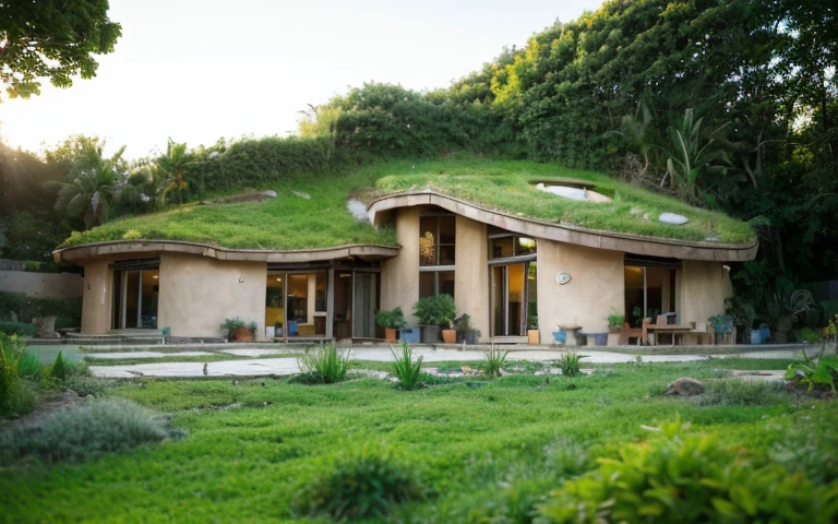 A photograph of a symmetrical contemporary house with (((one hyperbolic paraboloid green roof))) and (((biological pool))) and (((base wall rock foundation))) in a tropical backyard, high roof and long eaves, mustard yellow terracota plaster walls (((rustic clay stucco))), ((corner walls rounded)), ((rustic clay plaster)), (((terracotta walls with rounded corners, organic curves))), (((rustic earth plaster, mud))), (((hyperbolic-shaped green roof with wooden edge))), (((wooden roof structure, wooden rake, wooden fascia board))), eaves, ((roof with wooden structure)), In Bahia (((tropical garden))), ((natural houses, organic buildings, organic architecture)), ecovillage, sustainable architecture, bioconstruction architecture, solarpunk architecture, (((grass roof, green roof, green wave roof, rounded roof, vegetated roofs))), (((rock base foundation wall, foundation height 30cm, stone base wall 30cm high))), ((green architecture)), passive house, clear sky in the background, painful beauty, modern, imposing, green house, ((Bali hobbit Hadid Style)), super resolution, cinematic, color grading, editorial photography, photography, photo shoot, (((dramatic front eye top angle view))), O 50mm, depth of field, intricate details, natural colors, sharp focus, warm light, shutter speed 1/1000, F/22, White Balance, Ray Trace Reflections, Lumen Reflections, Screen Space Reflections, Diffraction Rating, Chromatic Aberration, GB Shift, Partial Lighting, Backlighting, Daylighting, Scan Lines, ambient occlusion, antialiasing, shaders, OpenGL-Shaders, GLSL-Shaders, Post-processing, post-production, shading, tone mapping, incredibly detailed and complex, hypermaximalist, elegant, hyperrealistic, super detailed, dynamic pose, Fujifilm XT