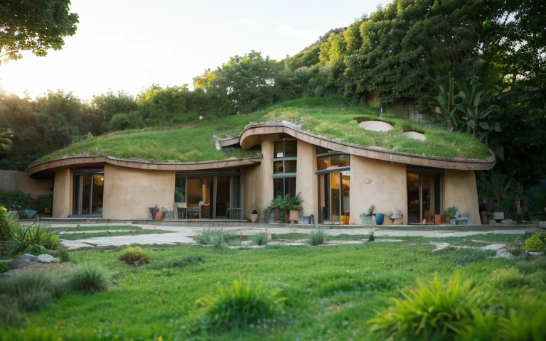 A photograph of a symmetrical contemporary house with (((one hyperbolic paraboloid green roof))) and (((biological pool))) and (((base wall rock foundation))) in a tropical backyard, high roof and long eaves, mustard yellow terracota plaster walls (((rustic clay stucco))), ((corner walls rounded)), ((rustic clay plaster)), (((terracotta walls with rounded corners, organic curves))), (((rustic earth plaster, mud))), (((hyperbolic-shaped green roof with wooden edge))), (((wooden roof structure, wooden rake, wooden fascia board))), eaves, ((roof with wooden structure)), In Bahia (((tropical garden))), ((natural houses, organic buildings, organic architecture)), ecovillage, sustainable architecture, bioconstruction architecture, solarpunk architecture, (((grass roof, green roof, green wave roof, rounded roof, vegetated roofs))), (((rock base foundation wall, foundation height 30cm, stone base wall 30cm high))), ((green architecture)), passive house, clear sky in the background, painful beauty, modern, imposing, green house, ((Bali hobbit Hadid Style)), super resolution, cinematic, color grading, editorial photography, photography, photo shoot, (((dramatic front eye top angle view))), O 50mm, depth of field, intricate details, natural colors, sharp focus, warm light, shutter speed 1/1000, F/22, White Balance, Ray Trace Reflections, Lumen Reflections, Screen Space Reflections, Diffraction Rating, Chromatic Aberration, GB Shift, Partial Lighting, Backlighting, Daylighting, Scan Lines, ambient occlusion, antialiasing, shaders, OpenGL-Shaders, GLSL-Shaders, Post-processing, post-production, shading, tone mapping, incredibly detailed and complex, hypermaximalist, elegant, hyperrealistic, super detailed, dynamic pose, Fujifilm XT