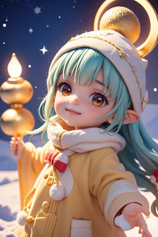 Duende navidad, sonriendo, estrellas en los ojos, rojo crujiente, luz radiante, copo de nieve grande en primer plano. Navidad misteriosa, magical charm. magic stars, (la mejor calidad, 8k, high resolusion, tmasterpiece:1.2), caprichoso, (cielo lleno de estrellas, la estrella del norte brilla).