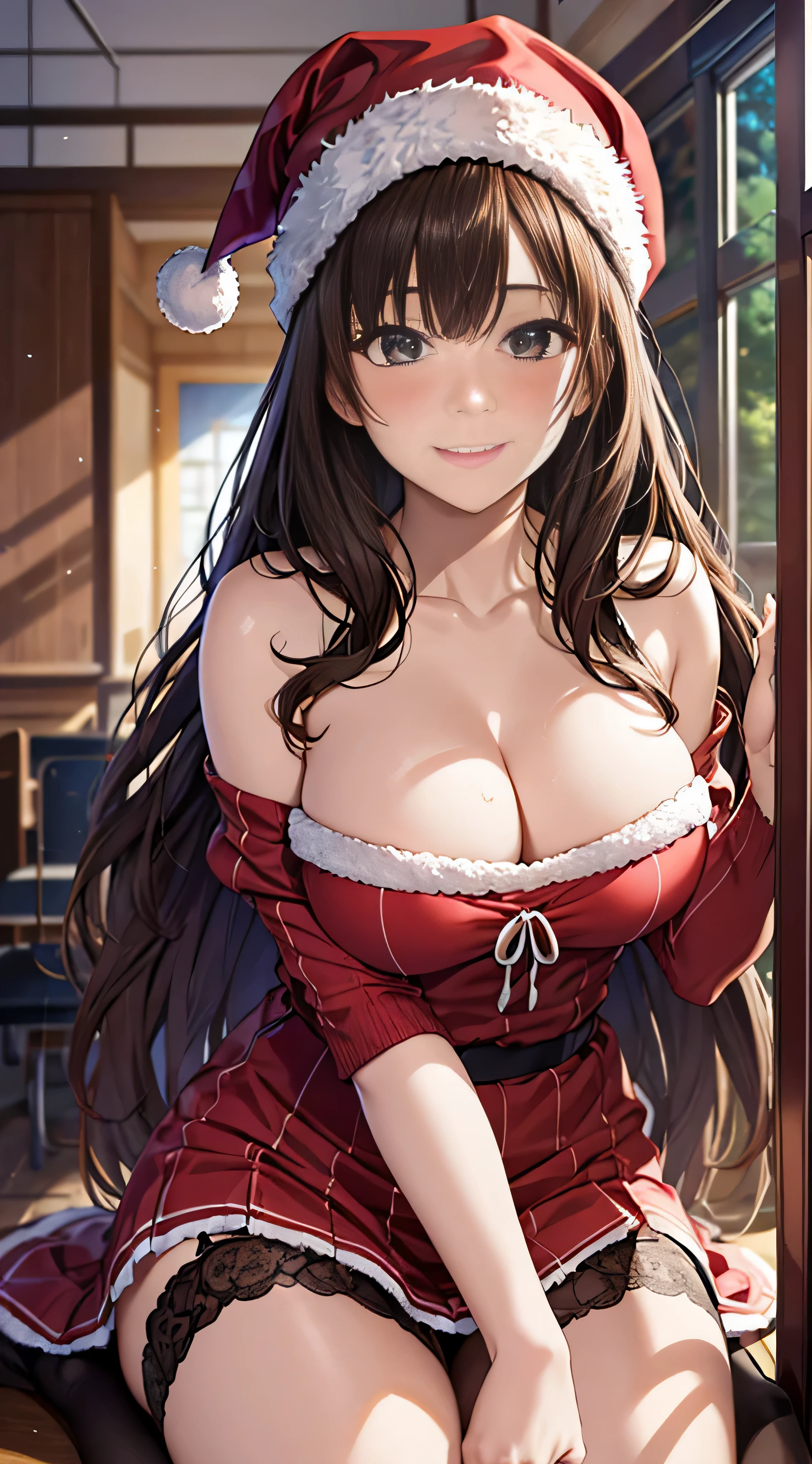 ((masutepiece, Best Quality, hight resolution, nffsw, Perfect Pixel, 4K, nffsw, nffsw))), 1girl in, Single, Solo, Beautie、full body seen、 ((Middle Wave Hair, Bangs, Brown hair)), ((Brown-eyed, Beautiful eyelashes, Realistic eyes)), ((Detailed face, Blushing:1.2)), ((Smooth texture:0.75, Realistic texture:0.65, Photorealistic:1.1, Anime CG style)), medium breasts, Dynamic Angle, Perfect body, ((Santa Claus Costume、Red knitted hat、red and white off shoulder sweater、red and white flared skirt、Black garter stockings、Kamimei、Shy smile、See-through nipples)), Classrooms without people、Sit on a desk、Lower'I took my foot off the desk............................、early evening、、((Angle looking up from below))、Very embarrassing panic smile、Lift your chest with your hands、Open both legs、Open your knees wide、sexy pink floral lace panties)、