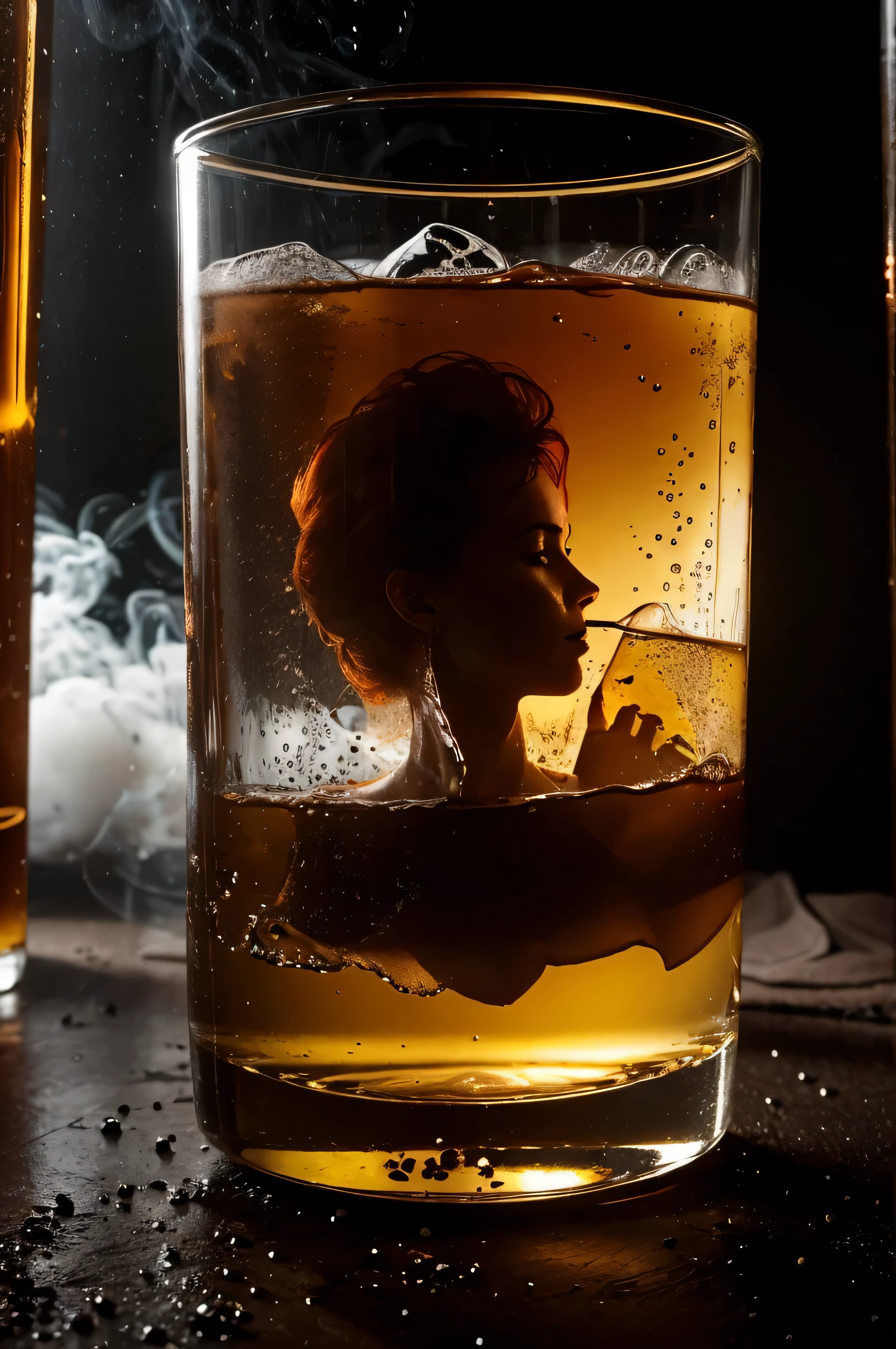 The image immerses us in an atmosphere of comfort and mystery. Against a dark background, the outline of a glass filled with noble whiskey emerges. A small dripping wet skin and clothes orange-haired huge colossal-breasted woman standing in the whiskey inside the Glass, A thin column of smoke rising from in the drink creates a thrilling effect. exploding glass, Pollen particles in the air slowly settle, adding a mystical touch. Its as if time has slowed down, providing a moment of solitude with the aroma and taste of this sophisticated exploding drink