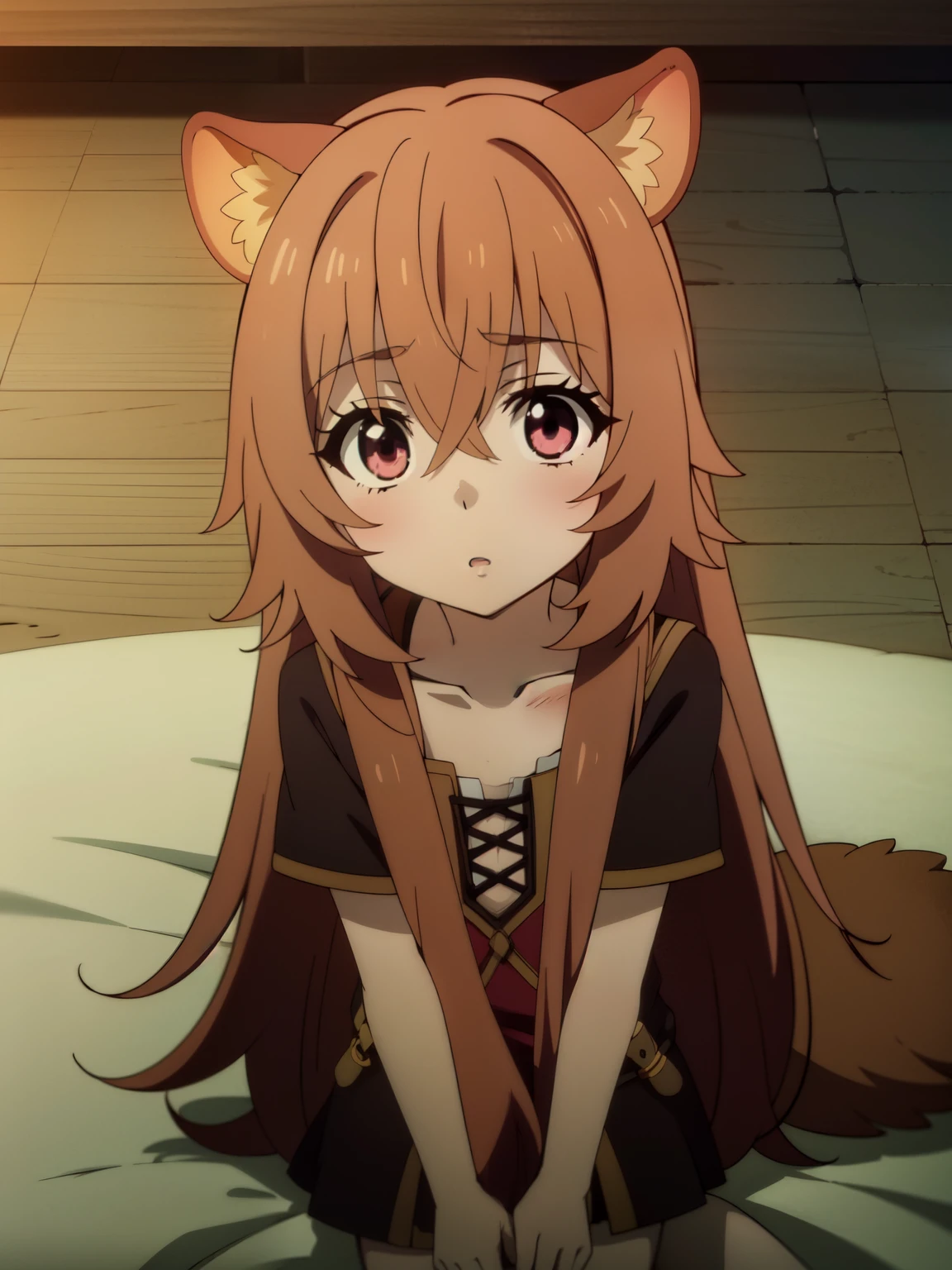 raphtalia,bangs,long_hair,brown_hair,hair_between_eyes, (flat chest:1.2), (child:1.2), anime screencap, highres, loose shirt, sitting on bed, indoors, from above, looking up