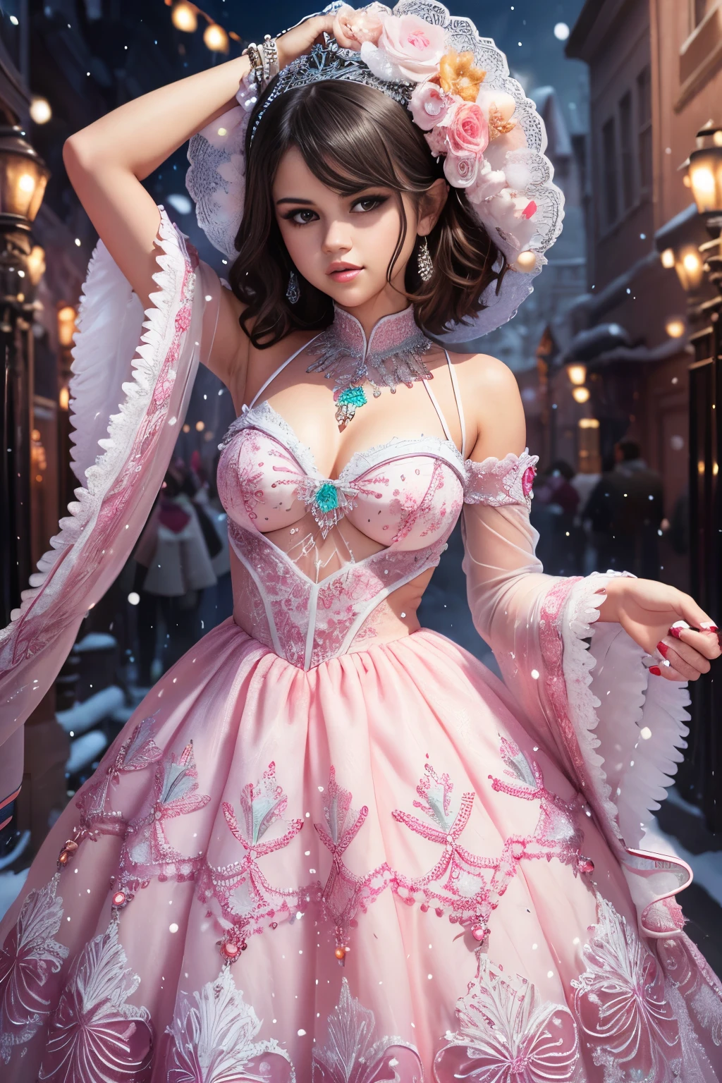 ((Selena Gomez)) in a colorful christmas dress holding a christmas cake, wearing a winter christmas dress made of beads, wearing dress, with colored snow crystals, dressed in a snow crystal, wearing a wonderful dress, colorful winter dress,  an intricate christmas dress, detailed dress, sexy dress, opened dress, wearing a long flowery dress, beautiful dress, 👅 👅