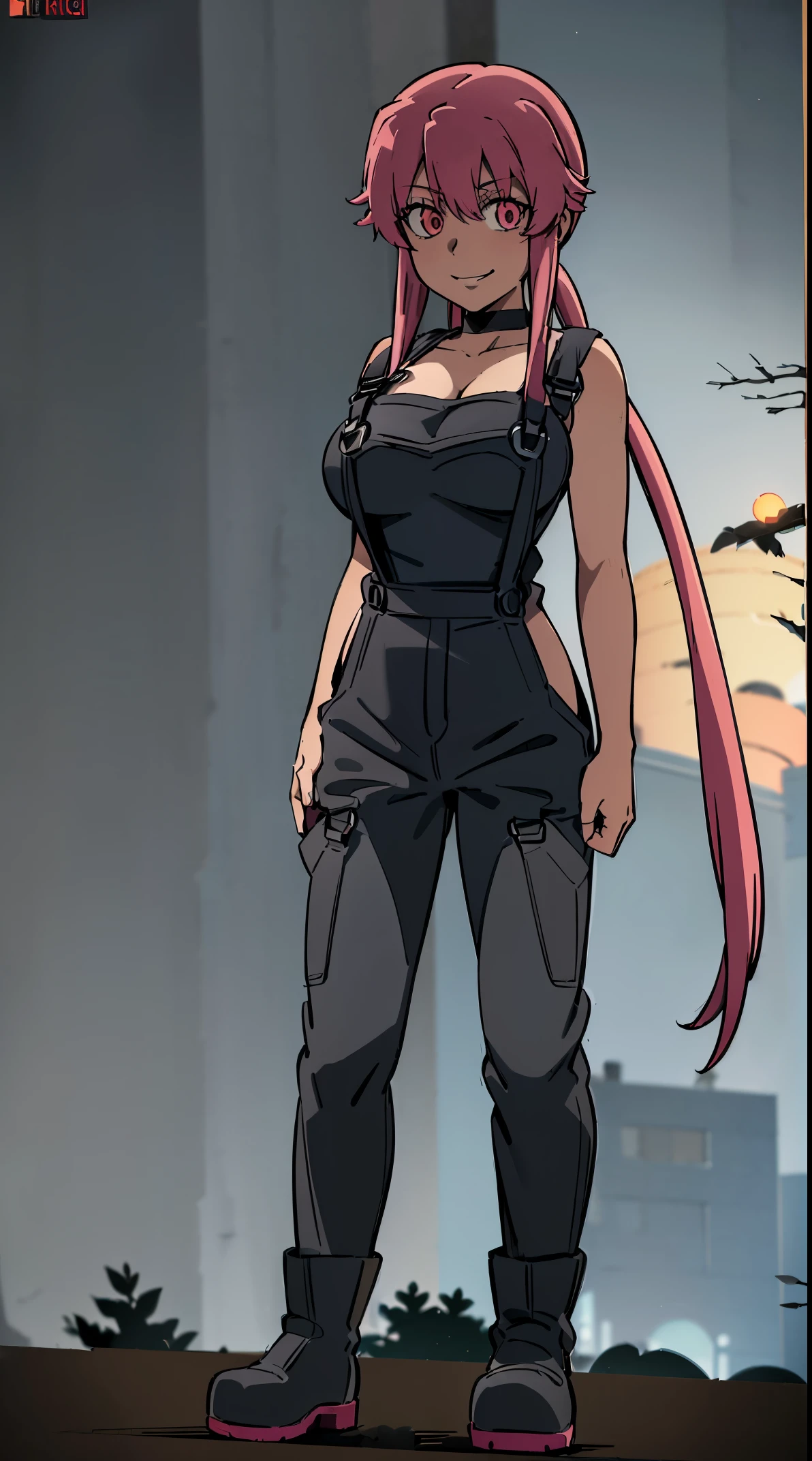 anime_still, masterpiece, best quality, 1girl, Gasai Yuno, long hair, pink hair, low twintails, smile, naked, red eyes, (large breasts:1.5),1girl, black choker, (dark grey_overalls:1.6), leather gloves, black boots, ((nigth:1.5)), (chasing you through the woods BY yuno gasai), moonlight, blood on floor, horror scane, (evil smile:1.4), (evil eyes:1.6), (horror_movies:1.5), (woods:1.6),(dark:1.7), (out_boors)