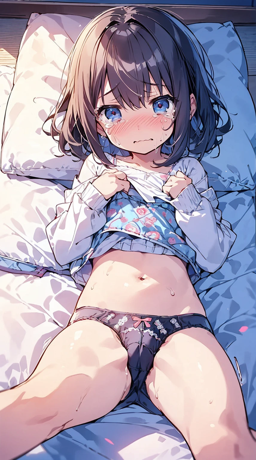 masutepiece, Best Quality,Illustration, Wallpaper, Ultra Detail, Little Face Girl、((fear:1.5))、(Teary-eyed:1.5)、(((Cute underwear)))、She makes me lie down and spread my legs.