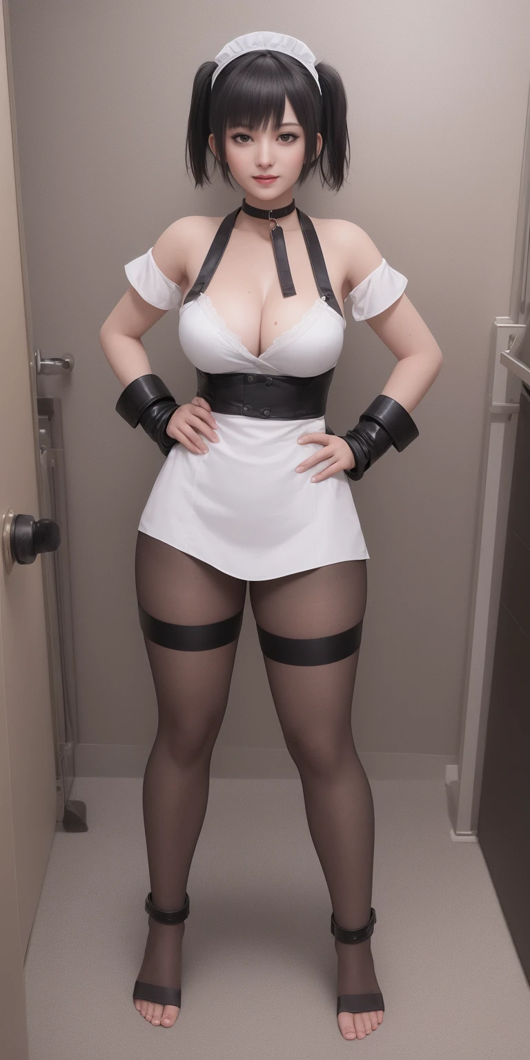 SFW, SLAVE FEMALE, Maid for sale. An African (very black skin) domestic worker for text "US dollar" full body, barefoot, standing straight symmetrical, huge boob(masterpiece, best quality:1.2), smirking smile, red blush, wet body, looking at viewer, hands on hips, twintails, twin drills, dress, blue pantyhose, striped pantyhose, Handcuffs on their hands, With a collar around the neck, slave catgirl ((black choker, shackles on legs and armedroom background (bed, pillow, sheet))