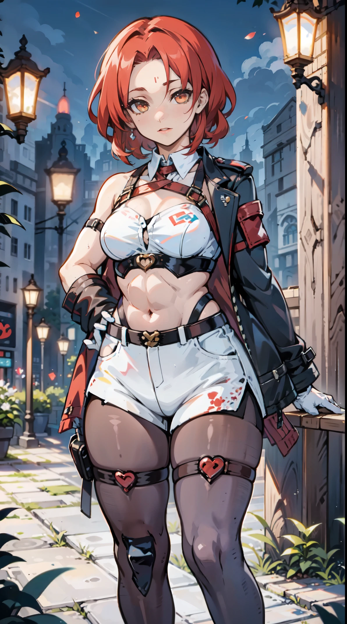 1girl, young woman, solo, short hair, Small hair, (forehead:1.2), yellow eyes, (scarlet red hair), Athletic, muscular, medium breasts, (cropped jacket, black jacket), white shirt, collared shirt, (chest harness, shoulder strap:1.15), black leather shorts, pantyhose 7/8, garter belt, gloves, elegant, looking at viewer, standing, night, masterpiece, best quality, 4k