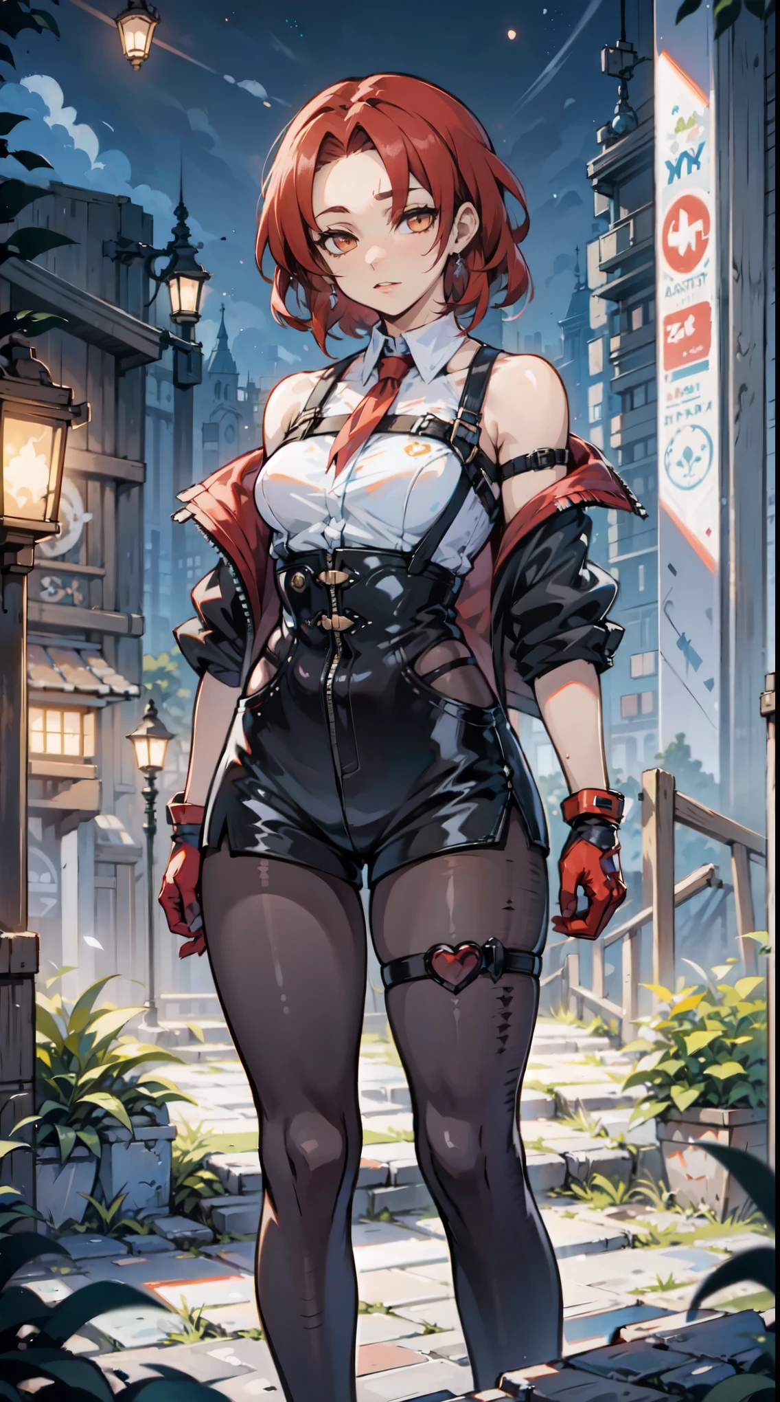 1girl, young woman, solo, short hair, Small hair, (forehead:1.2), yellow eyes, (scarlet red hair), Athletic, muscular, medium breasts, (cropped jacket, black jacket), white shirt, collared shirt, (chest harness, shoulder strap:1.15), black leather shorts, pantyhose 7/8, garter belt, gloves, elegant, looking at viewer, standing, night, masterpiece, best quality, 4k