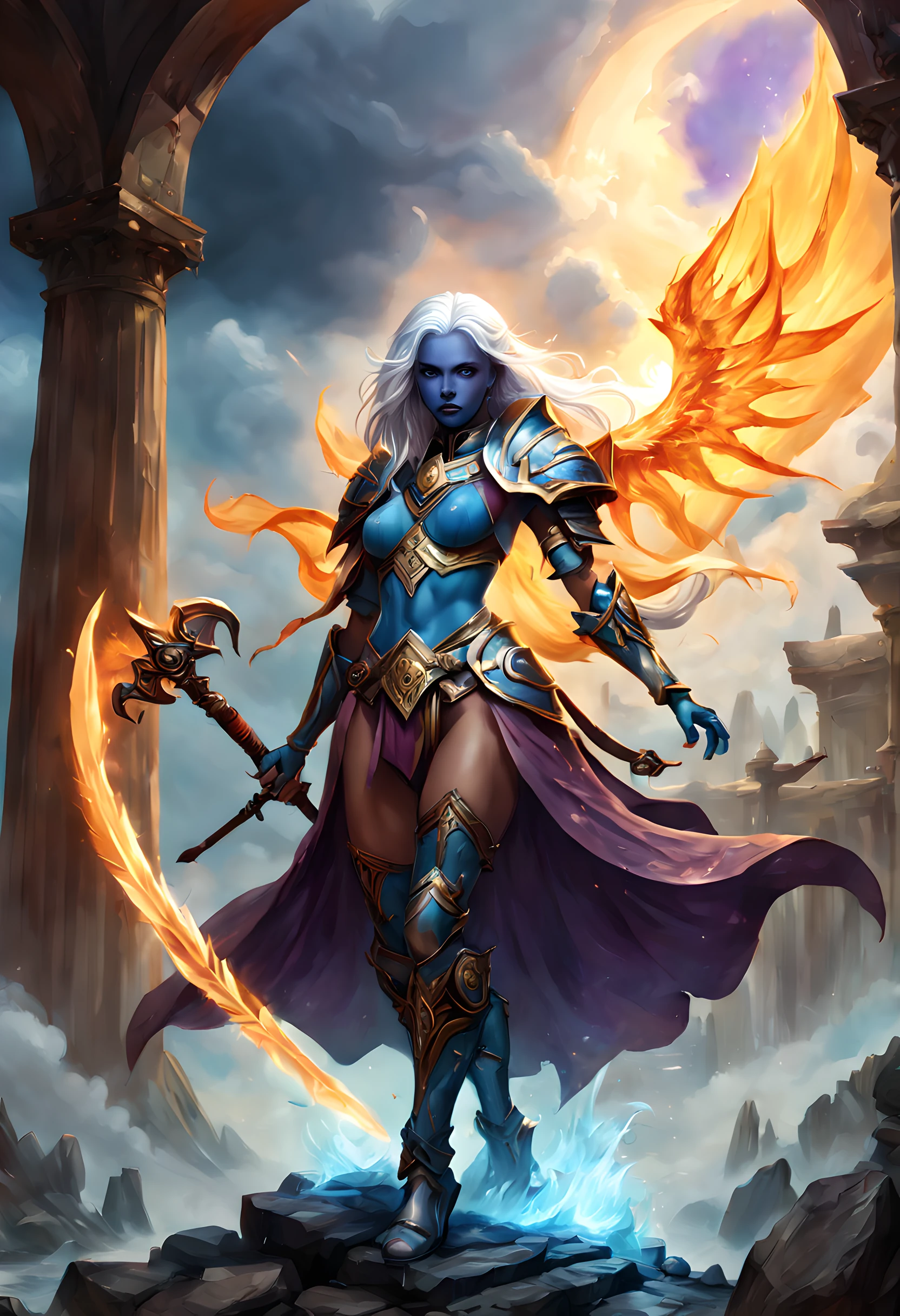 fantasy art, dnd art, RPG art,  wide shot, (masterpiece:1.3), full body intense details, highly detailed, photorealistic, best quality, highres, portrait of a exotic race vedalken female (fantasy art, Masterpiece, best quality: 1.3) (blue colored skin: 1.3), intense details facial detail fantasy art, Masterpiece, best quality)cleric, (blue colored skin: 1.3) 1person blue_skin, (bold head: 1.4), (white hair: 1.4), long hair, intense purple  eye, fantasy art, Masterpiece, best quality) armed a fiery sword red fire, wearing heavy (white: 1.3) half plate mail armor LnF, wearing radiant sun shaped holy symbol GlowingRunes_yellow,  wearing high heeled laced boots, wearing an(orange :1.3) cloak within fantasy temple background and sun and clouds, reflection light, high details, best quality, 16k, [ultra detailed], masterpiece, best quality, (extremely detailed), dynamic angle, ultra wide shot, photorealistic, RAW, fantasy art, dnd art, fantasy art, realistic art