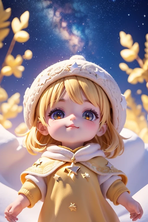 Duende navidad, sonriendo, estrellas en los ojos, rojo crujiente, luz radiante, copo de nieve grande en primer plano. Navidad misteriosa, magical charm. magic stars, (la mejor calidad, 8k, high resolusion, tmasterpiece:1.2), caprichoso, (cielo lleno de estrellas, la estrella del norte brilla).