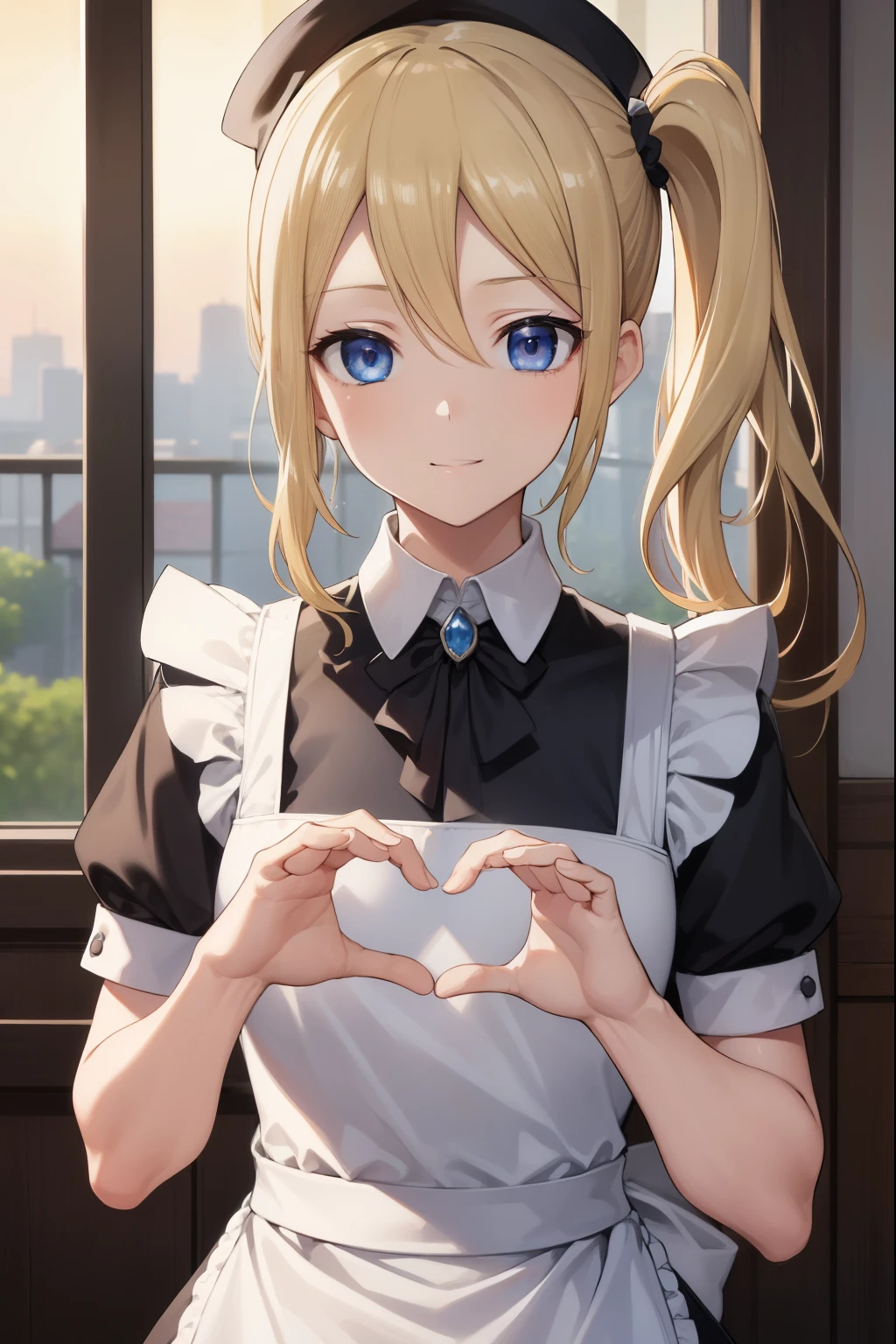 Aihayasaka, Ai Hayasaka, Blonde hair, Blue eyes, blue Scrunchie, hair between eye, hair Scrunchie, Long hair, Scrunchie, Side Ponytail, side locks,
(maid dress:1.3), (White Brim), (White Brim)
BREAK looking at viewer, 
BREAK indoors, Background of the mansion,
BREAK (masutepiece:1.2), Best Quality, High resolution, Unity 8k壁纸, (Illustration:0.8), (Beautiful detailed eyes:1.6), extra detailed face, Perfect Lighting, extremely details CG, (Perfect hands, Perfect Anatomy), Portrait, The best smile, happy, heart hands