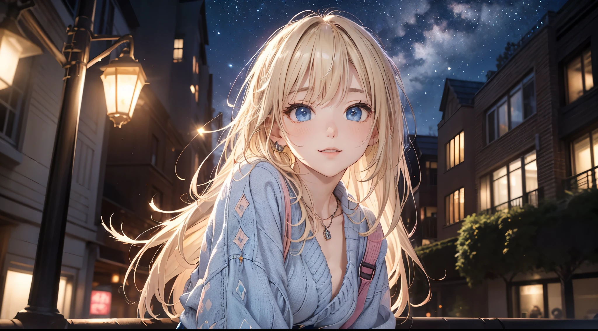 absurderes, ultra-detailliert,bright colour,(At 8K:1.3),masuter piece,extremely beautiful detailed face and eyes,8K,(Deep Blue Eyes:1.2),(Loose Size Pink Argyle Knit:1.4),(Short denim:1.2),Cute smile、Synchrosis Necklace、Stylish bracelets,Inside the boutique,(Full body:1.2) X-Hair,Aurora、city light、constellation、Crescent,intergalactic,lamp post, Particles of light, milkyway, natta, nigh sky, outside of house, planetes, Power lines, shooting stars, Skysky, Skyscraper, 独奏、Stargazing,Star_\(skyporn\)、starrysky、Winters、(Smooth straight blonde hair:1.3), (Shiny hair:1.2), Delicate beautiful face, red blush、