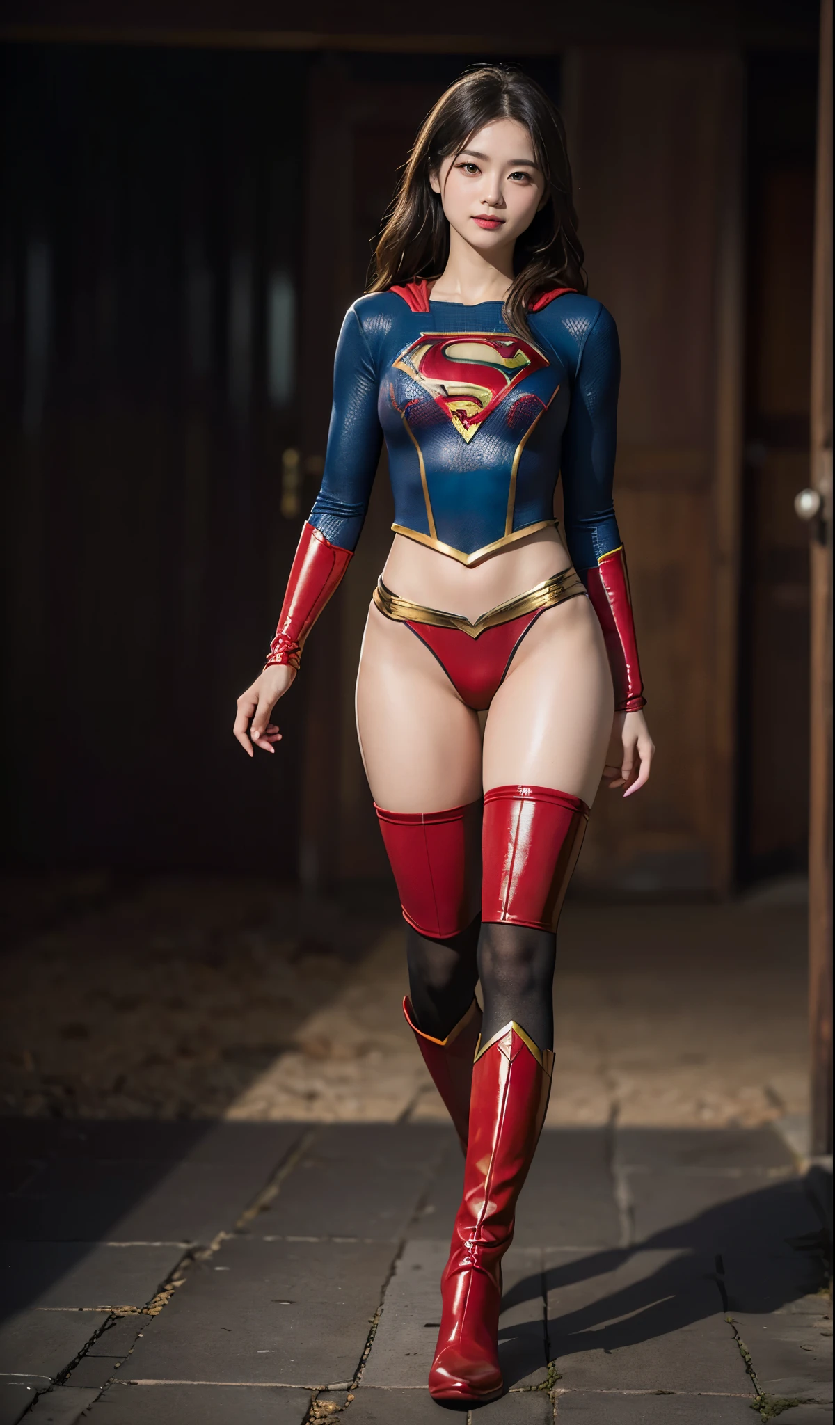 No background、(((Wear black tights on your beautiful legs.)))、(((Grow legs、tall、Legally express the beauty of your smile)))、((((Make the most of the original image)))、(((Supergirl Costume)))、(((beautiful hairl)))、(((Suffering)))、(((Feet must necessarily be worn with black tights)))、(((You need to wear red boots)))、((Top image quality、8K))、((top-quality、8K、​masterpiece:1.3))、(((Keep Background )))、Crisp focus:1.2、Beautiful woman with perfect body shape:1.4、Slender Abs:1.2、a wet body:1.5、Highly detailed facial and skin texture、8K