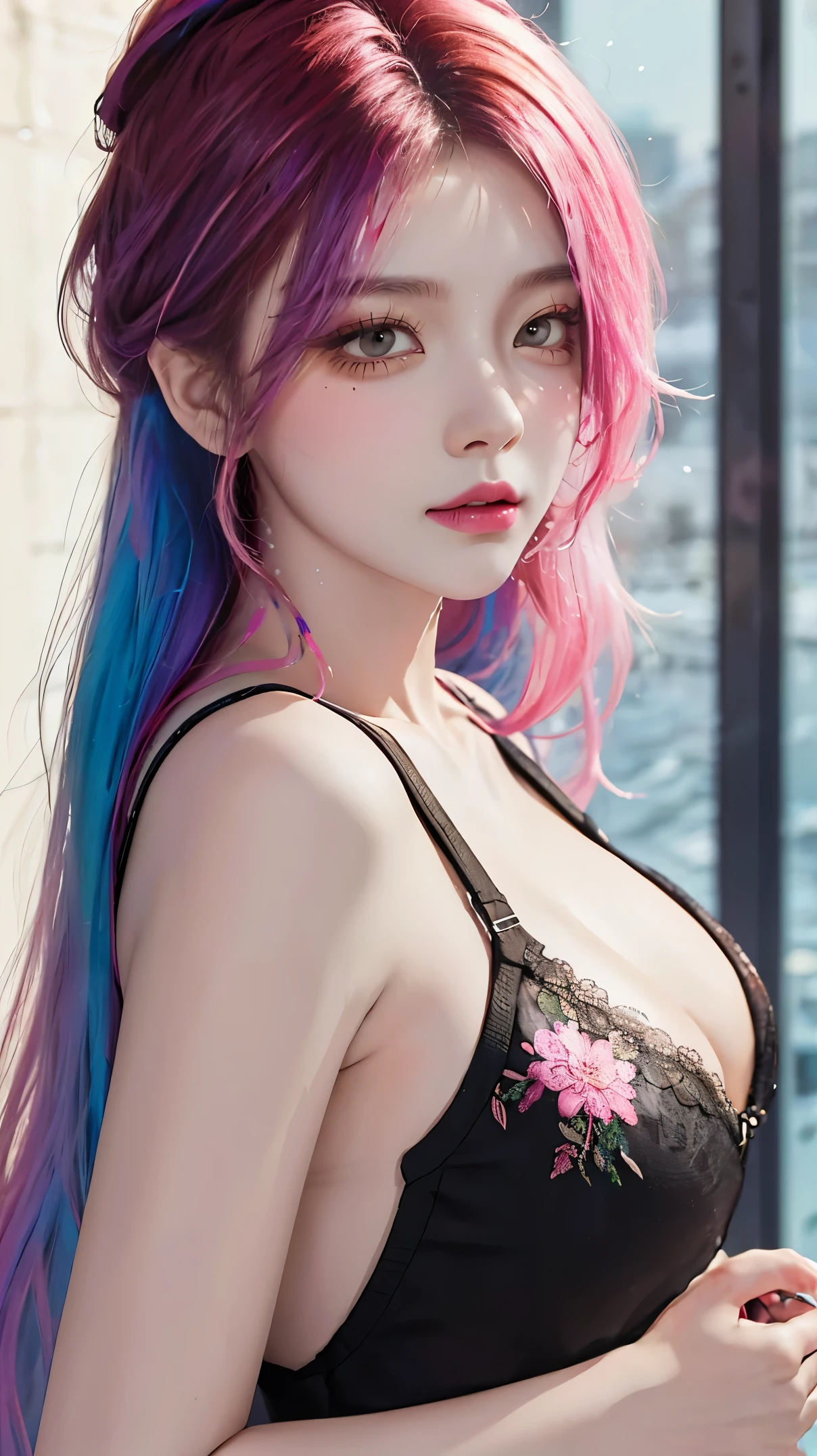 (tmasterpiece、best qualtiy、A high resolution),((paint splatter,splash of color,Splash ink、Color splattering)),Sweet Chinese girl,rainbow hair,Pink lips,leges,Open feet,the detail,Lingerie transparent,,sweat soaked,,big aslackstockinglack lace,Raised sexy,Back Shadow,adolable,high and cold,Look to the lenuttocks to camera