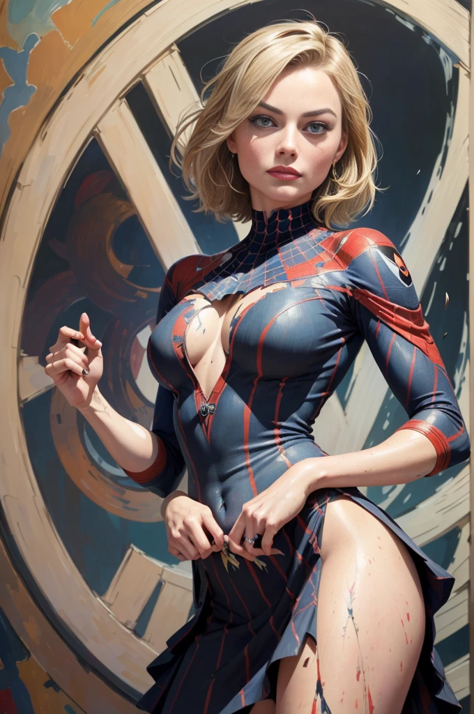 Margot Robbie、Sticking out the navel、newyork、She wears a torn Spider-Man suit,wearing skirt、abstract photorealistic、artistic、Alphonse Mucha's painting(masterpiece、top-quality、hight resolution:1.4)、detaileds、複雑なdetaileds、4K、color splashes、line-drawing、Fibonacci、