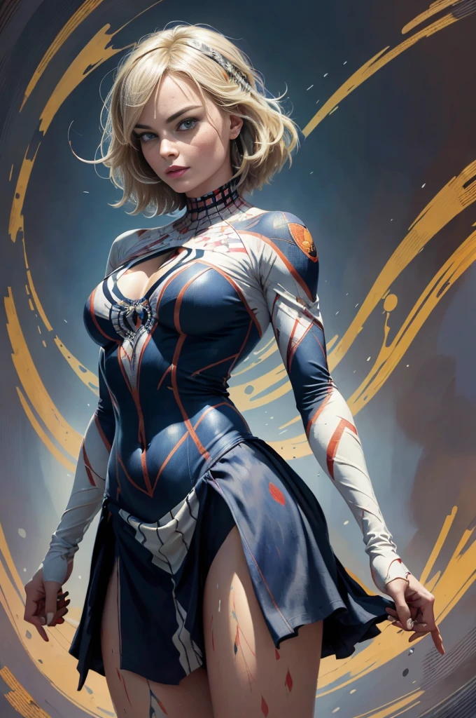 chloë grace moretz、Sticking out the navel、newyork、She wears a torn Spider-Man suit,wearing skirt、abstract photorealistic、artistic、Alphonse Mucha's painting(​masterpiece、top-quality、hight resolution:1.4)、detaileds、複雑なdetaileds、4K、color splashes、line-drawing、Fibonacci、