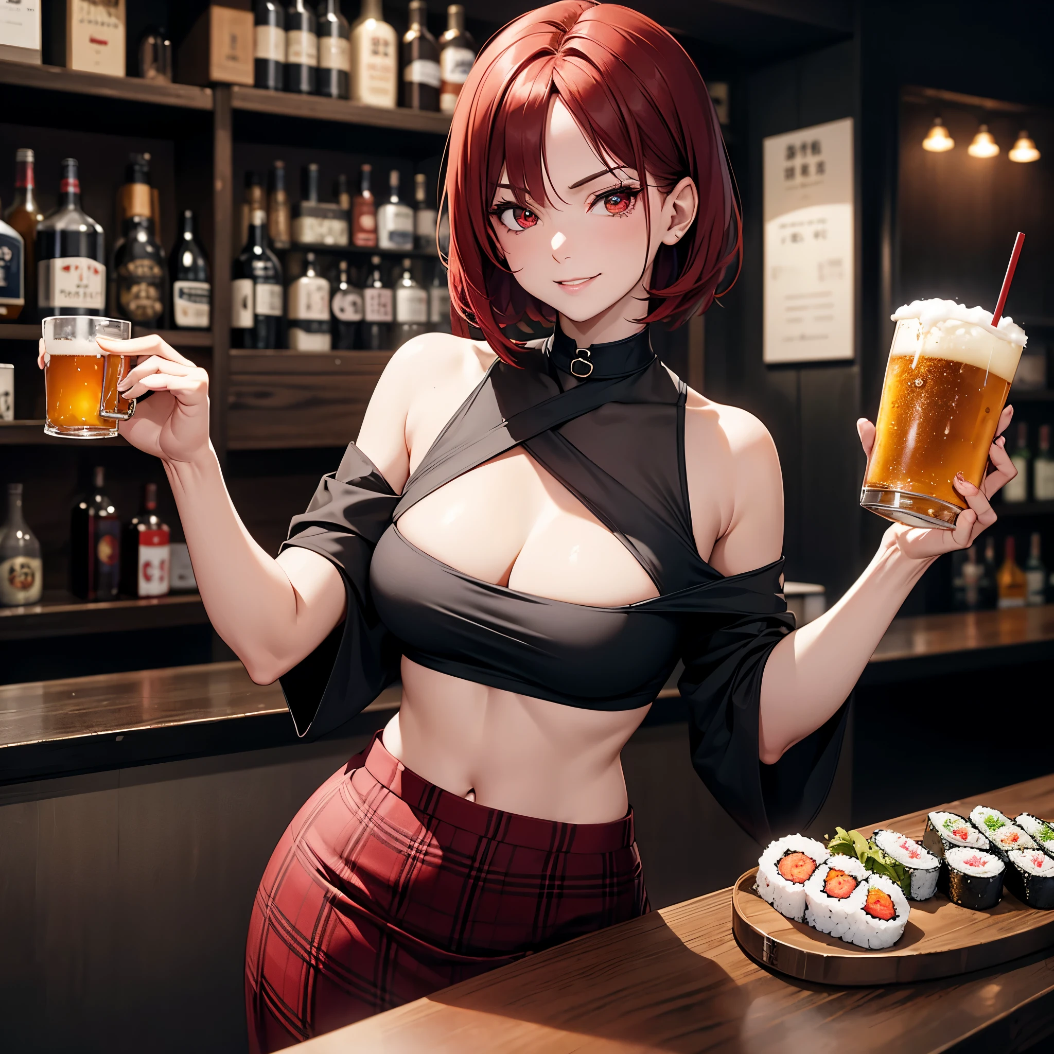 mature 1 woman, alone, drunk, perfect anatomy, attractive, large red eyes, short red hair, rendered eyes, detailed eyes, wearing black off shoulder top, plaid skirt, symmetrical face, smirk, (perfect face), in a Japanese bar, buying beer, behind bar counter, drinks on counter, sushi on plates, 2 on counter, simple background, dark background, dark atmosphere, 8K, perfect quality ,masterpiece, high quality, very high resolution, shot straight